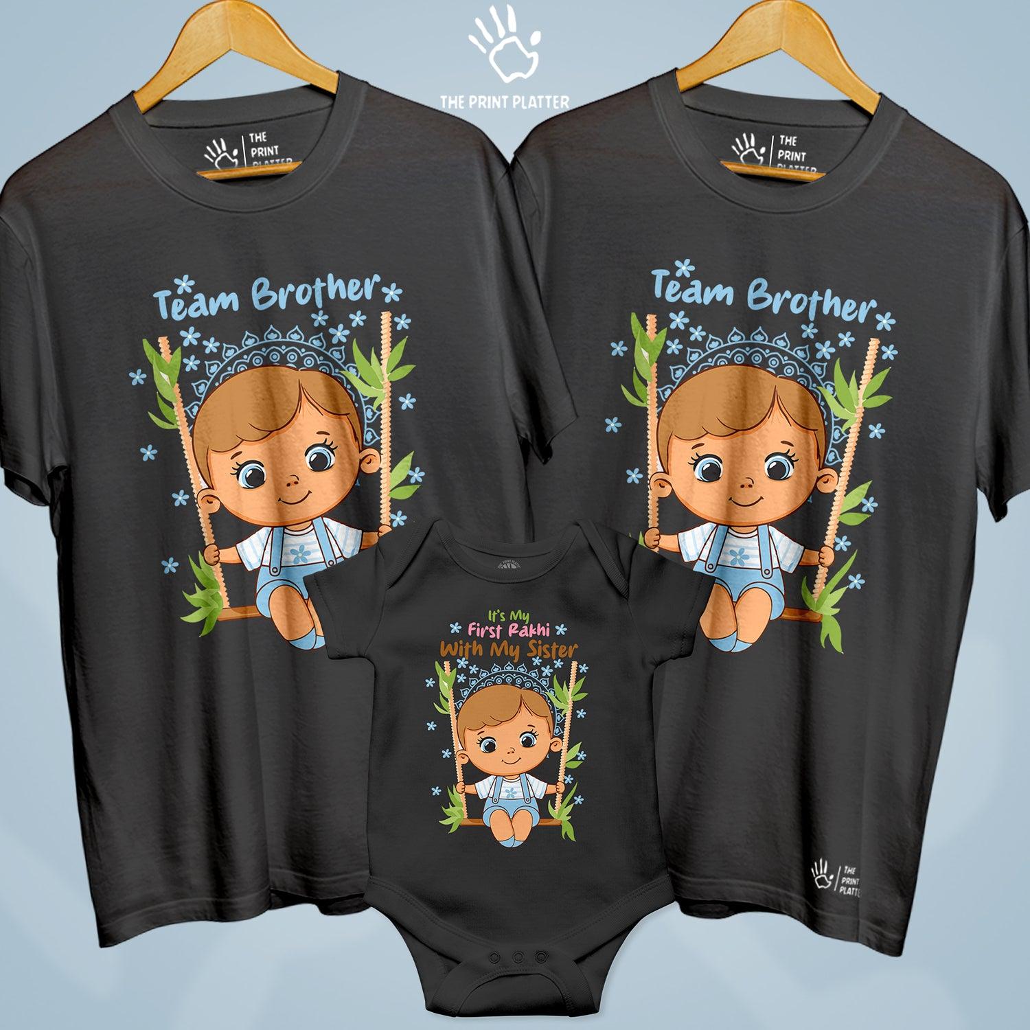 Team Brother Raksha Bandhan Unisex Cotton Bio Wash 180gsm T-shirt + Half Sleeve Romper Combo | 3Combo-RakshaBandhan-2