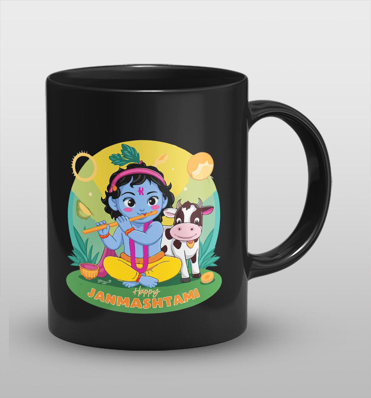 Happy Janmashtami Full Black Cermic Coffee Mug 330 ml, Microwave & Dishwasher Safe| CM-13