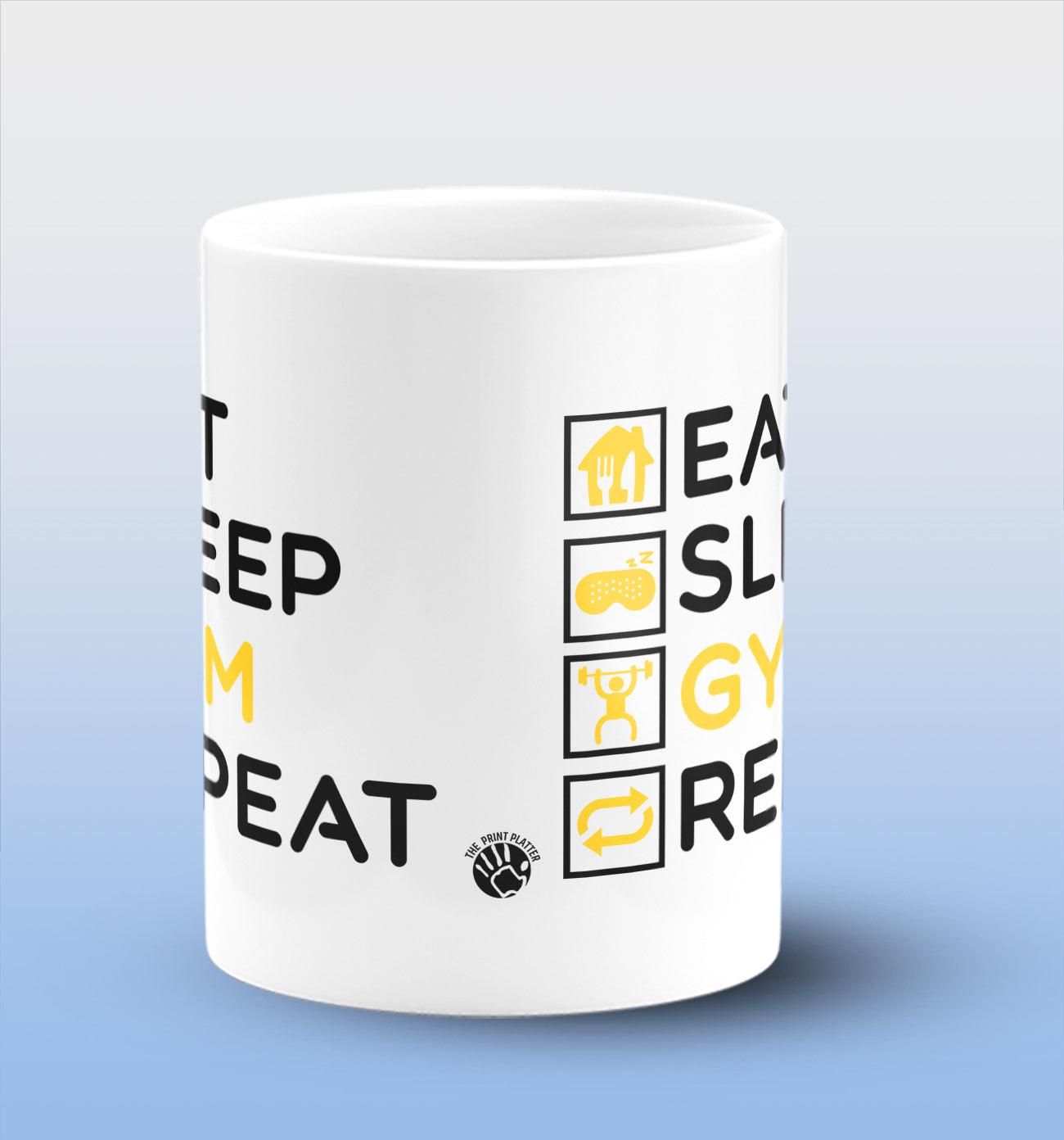 Eat Sleep Gym Repeat White Cermic Coffee Mug 330 ml, Microwave & Dishwasher Safe| CM-R21