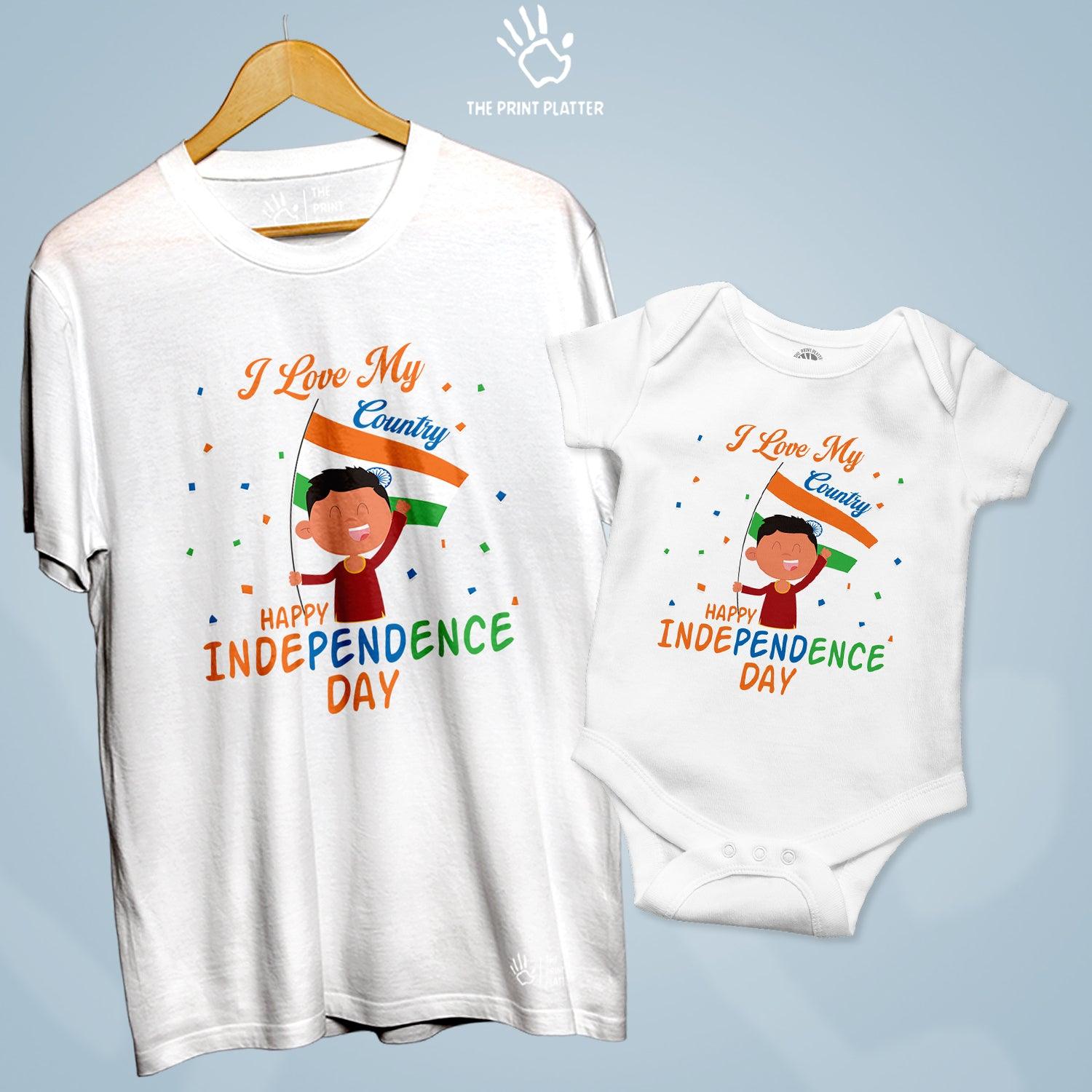 I Love My Country Happy Independence Day Unisex Cotton Bio Wash 180gsm T-shirt + Half Sleeve Romper Combo| Combo-IndependenceDay-2