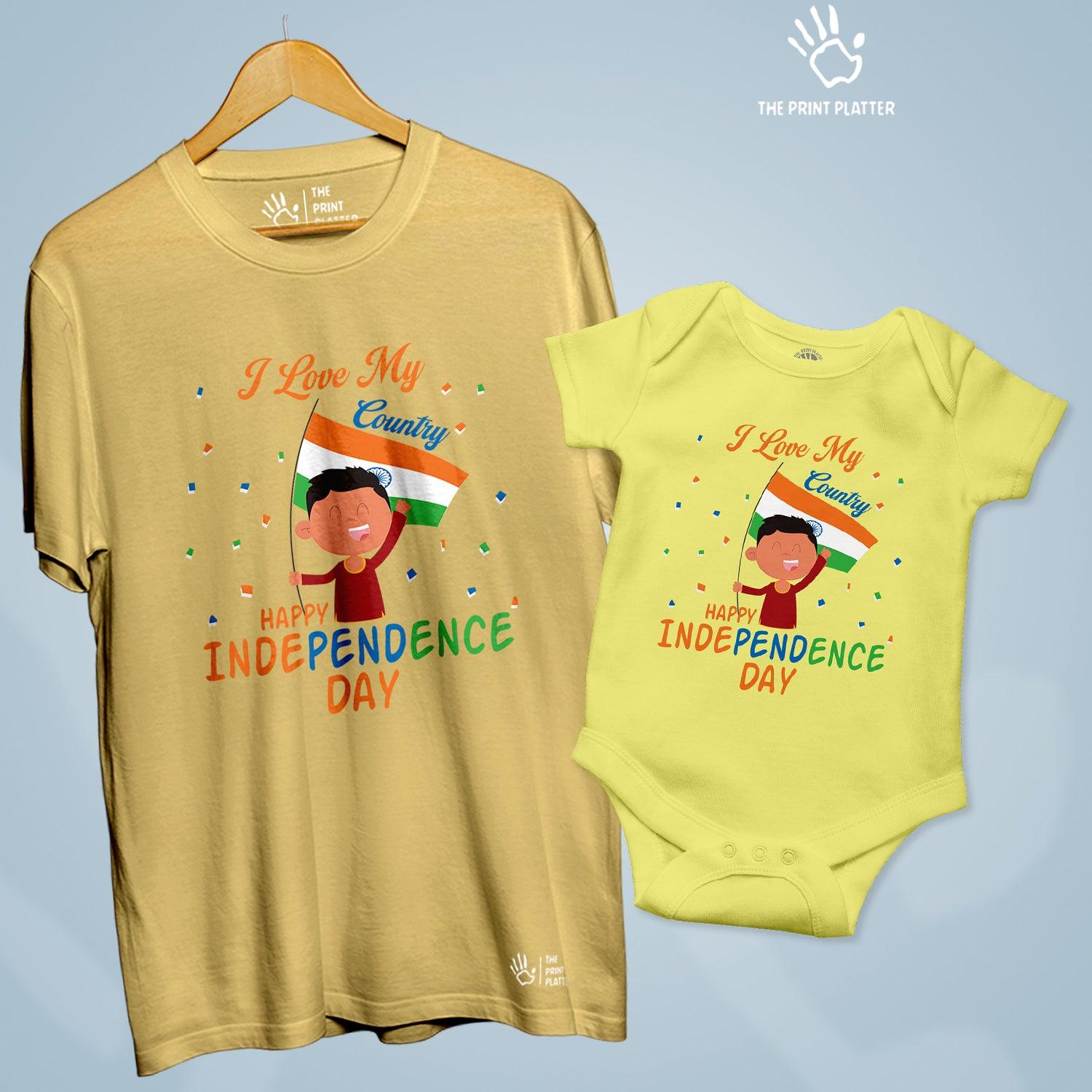 I Love My Country Happy Independence Day Unisex Cotton Bio Wash 180gsm T-shirt + Half Sleeve Romper Combo| Combo-IndependenceDay-2