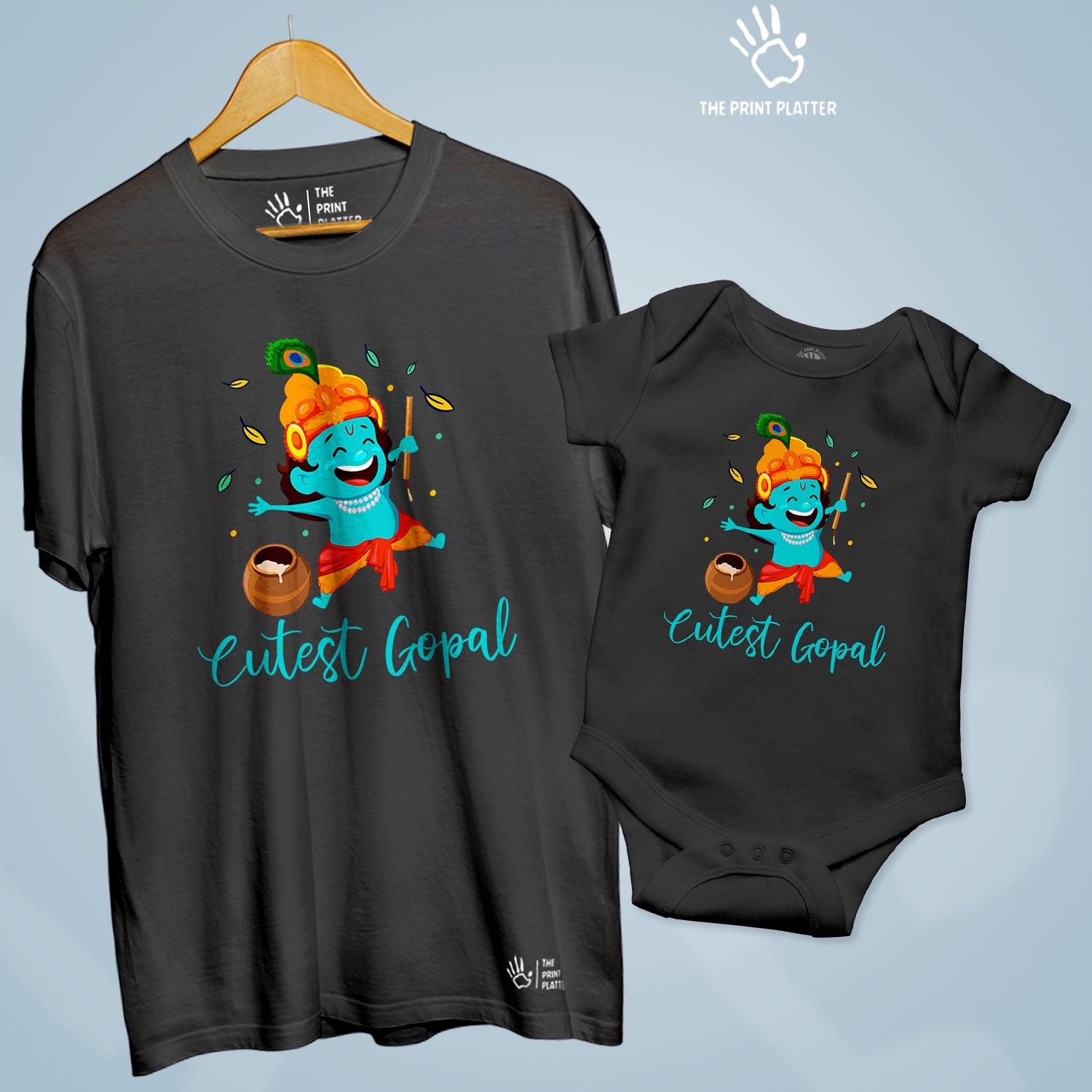 Cutest Gopal Unisex Cotton Bio Wash 180gsm T-shirt + Half Sleeve Romper Combo | Combo-Janmashtami-3