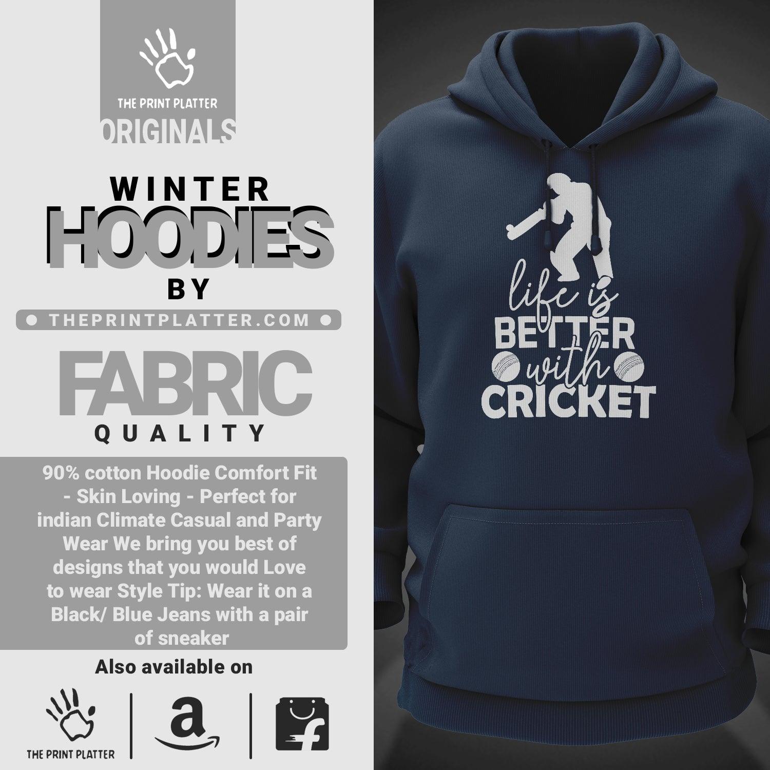 Life is better with Cricket Cotton Bio Wash 330gsm Sweatshirt with Hood for Winter | H-R159
