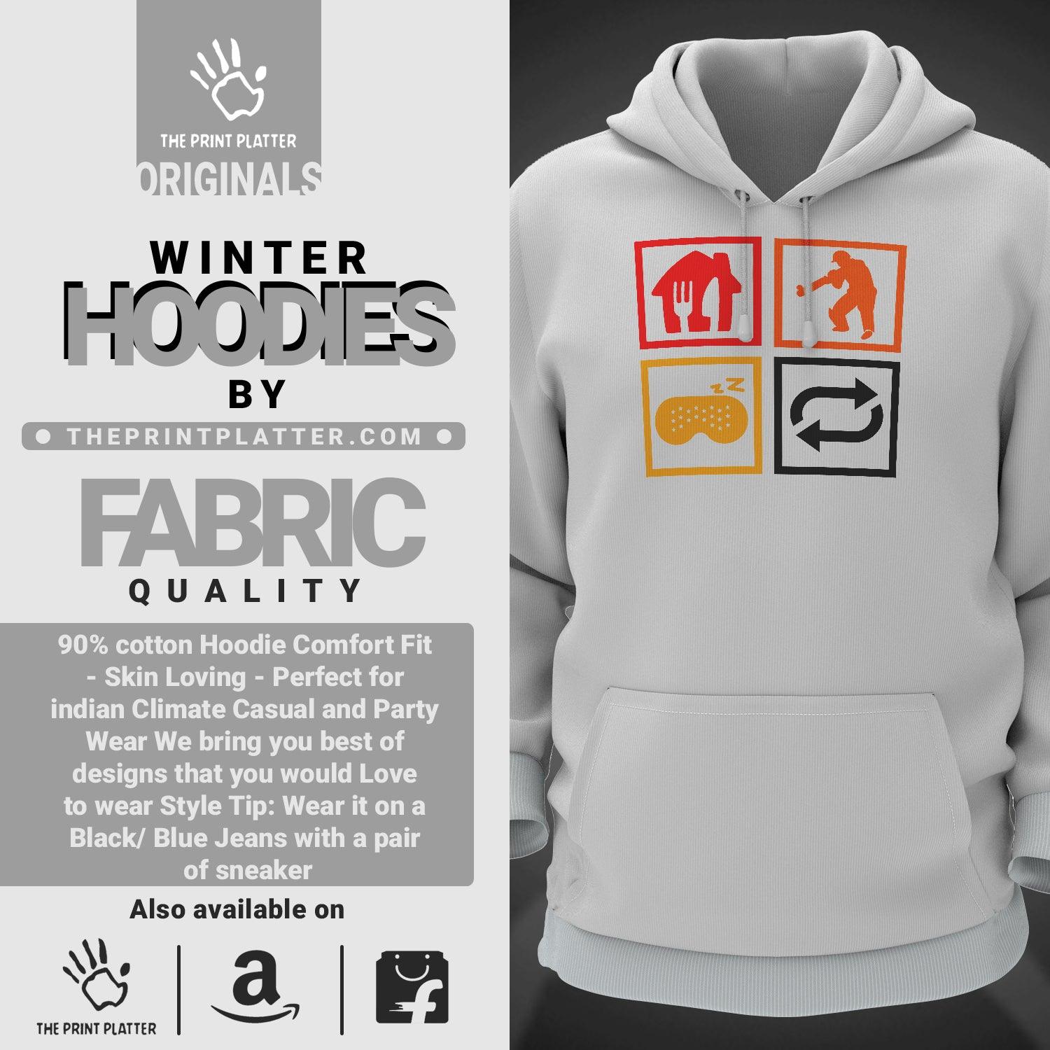 Eat Sleep Cricket Repeat Cotton Bio Wash 330gsm Sweatshirt with Hood for Winter | H-R161