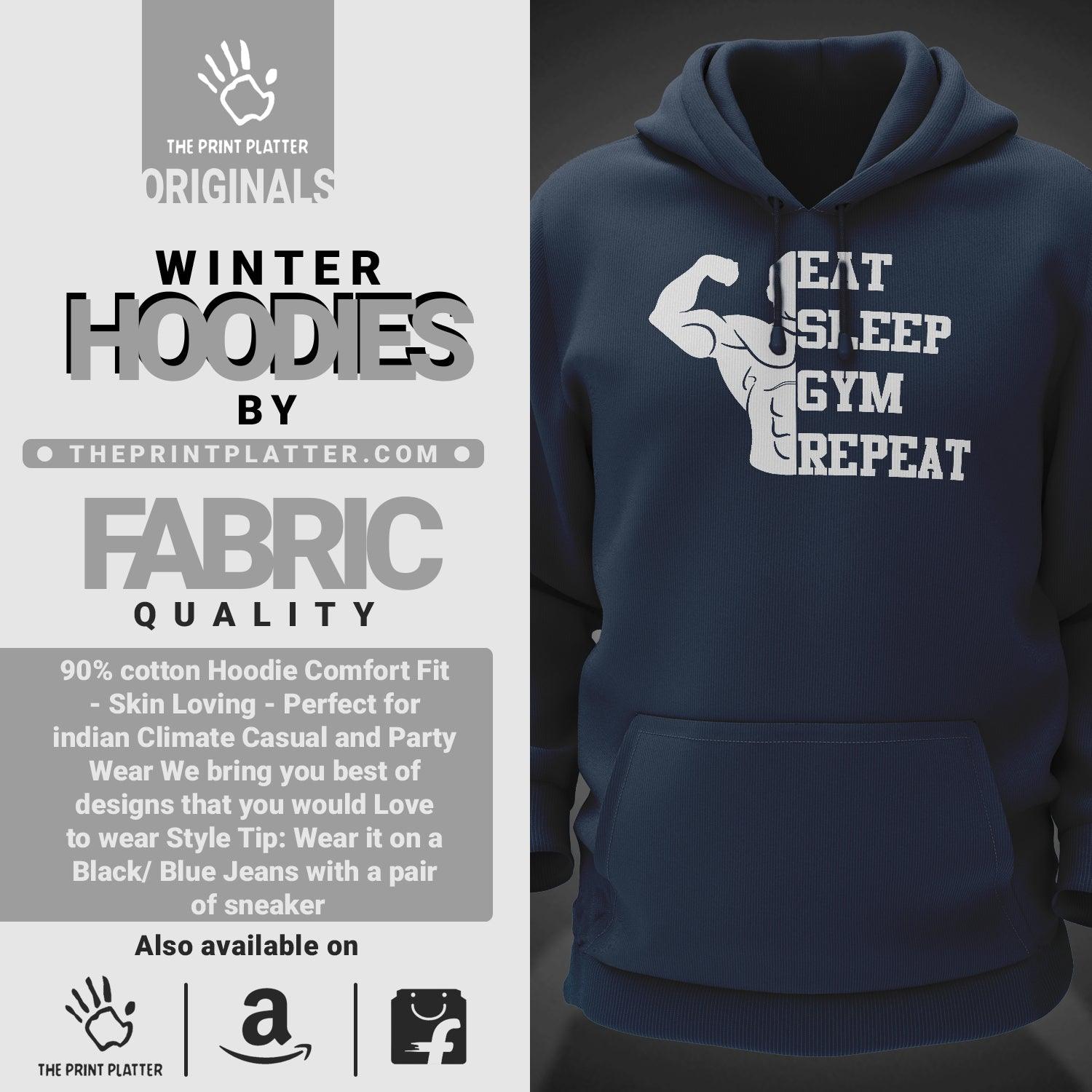 Eat Sleep Gym Repeat Cotton Bio Wash 330gsm Sweatshirt with Hood for Winter | H-R20