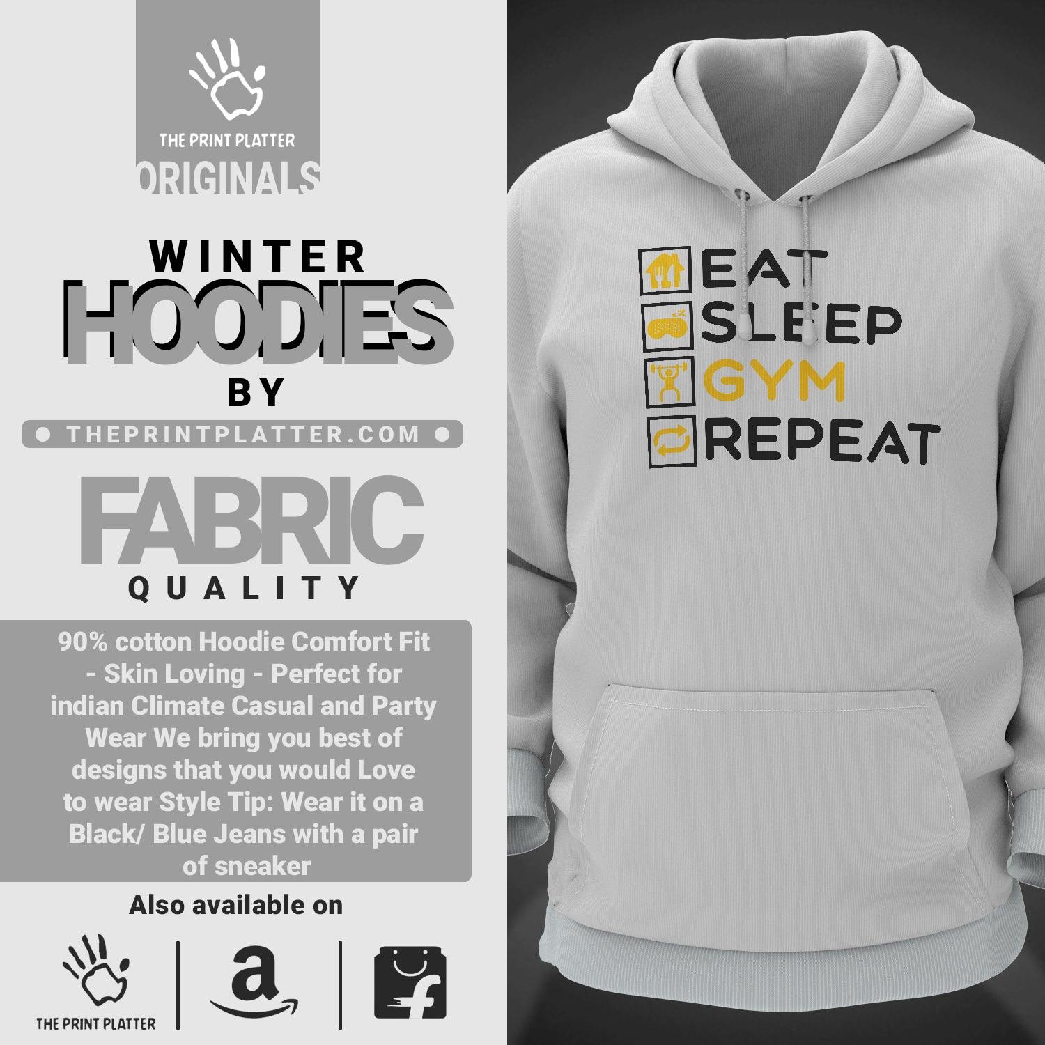 Eat Sleep Gym Repeat Cotton Bio Wash 330gsm Sweatshirt with Hood for Winter | H-R21