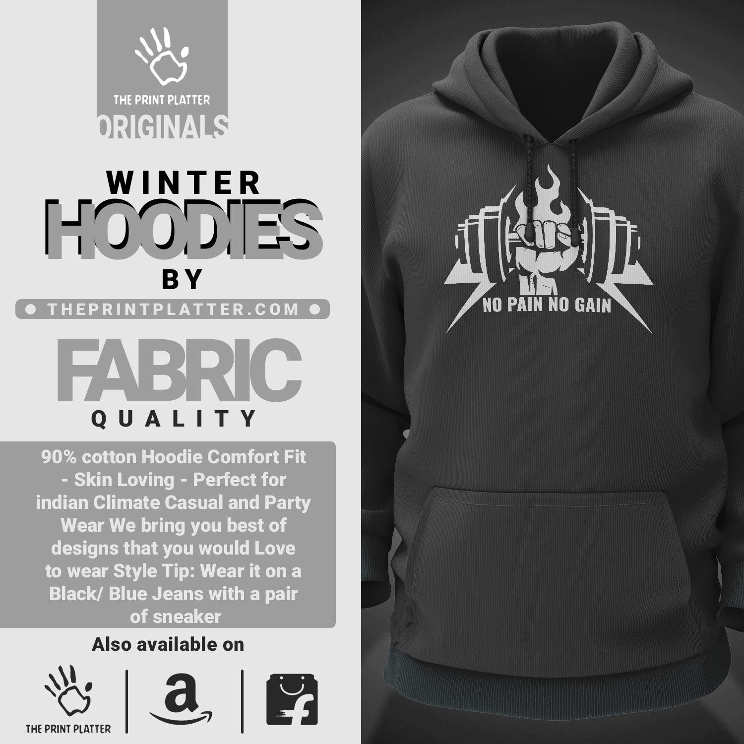 No Pain No Gain Cotton Bio Wash 330gsm Sweatshirt with Hood for Winter | H-R36