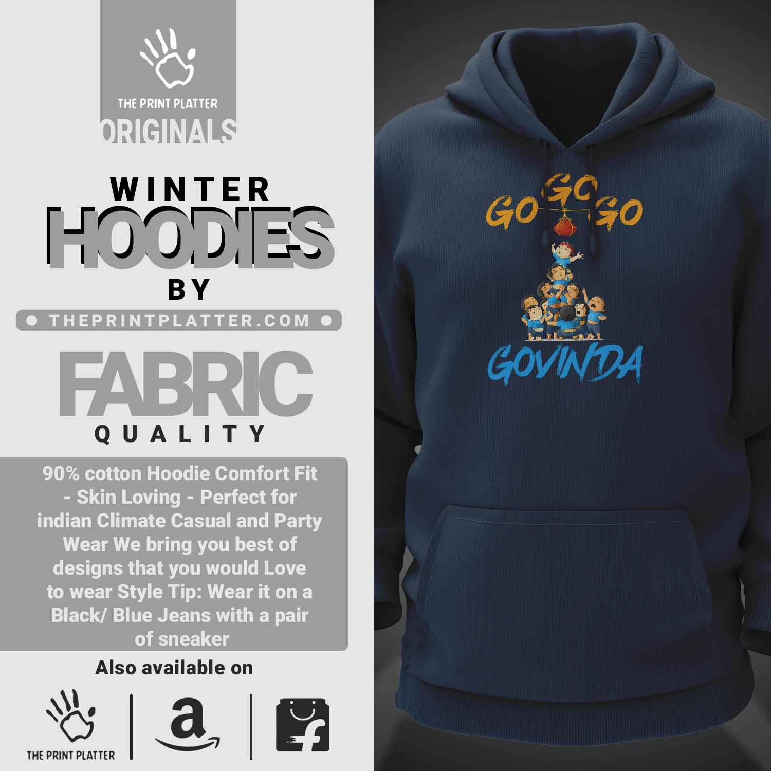 Go Go Go Govinda Cotton Bio Wash 330gsm Sweatshirt with Hood for Winter | H-R419