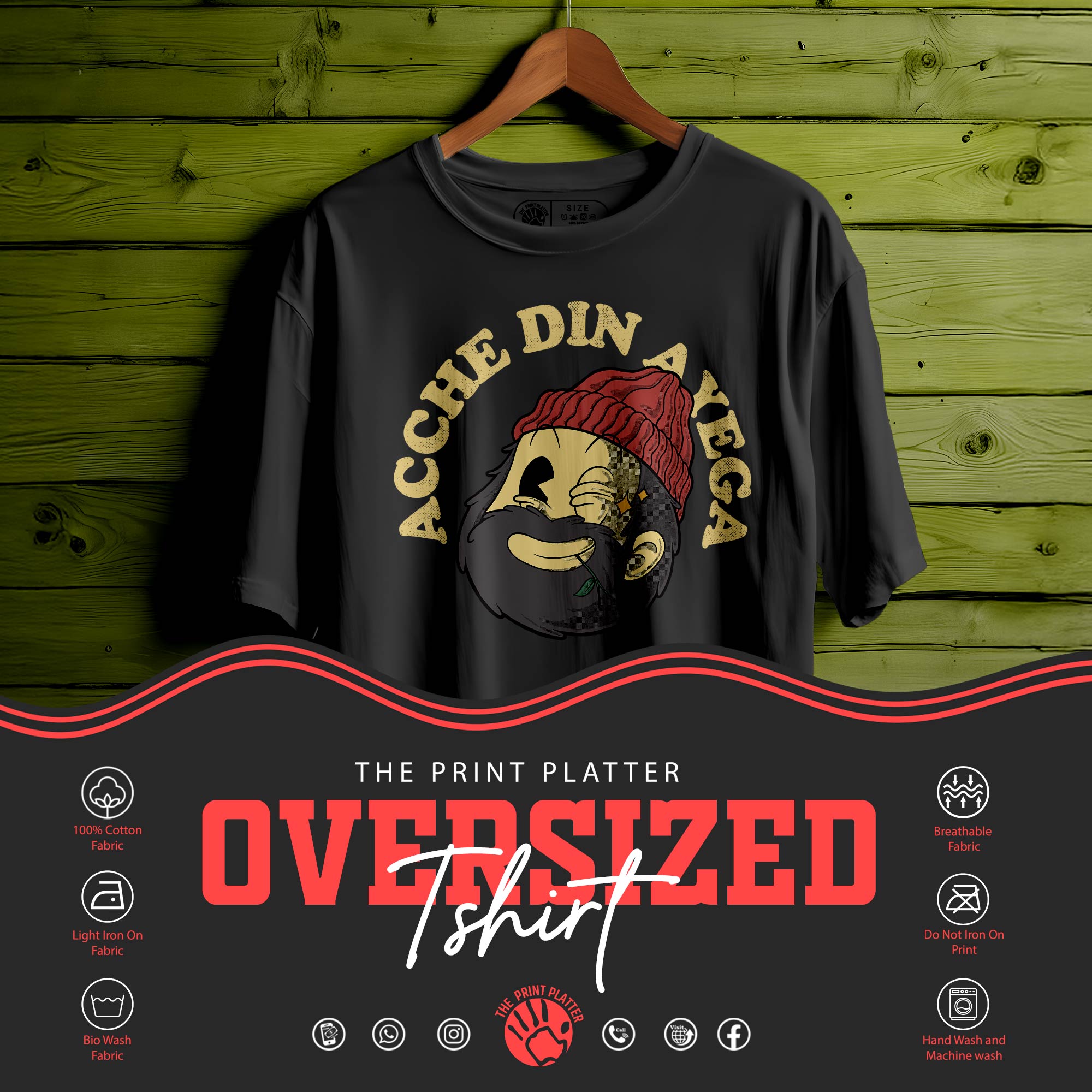 ACHHA DIN AAYEGA Oversized Black T-shirt Bio Wash| 29