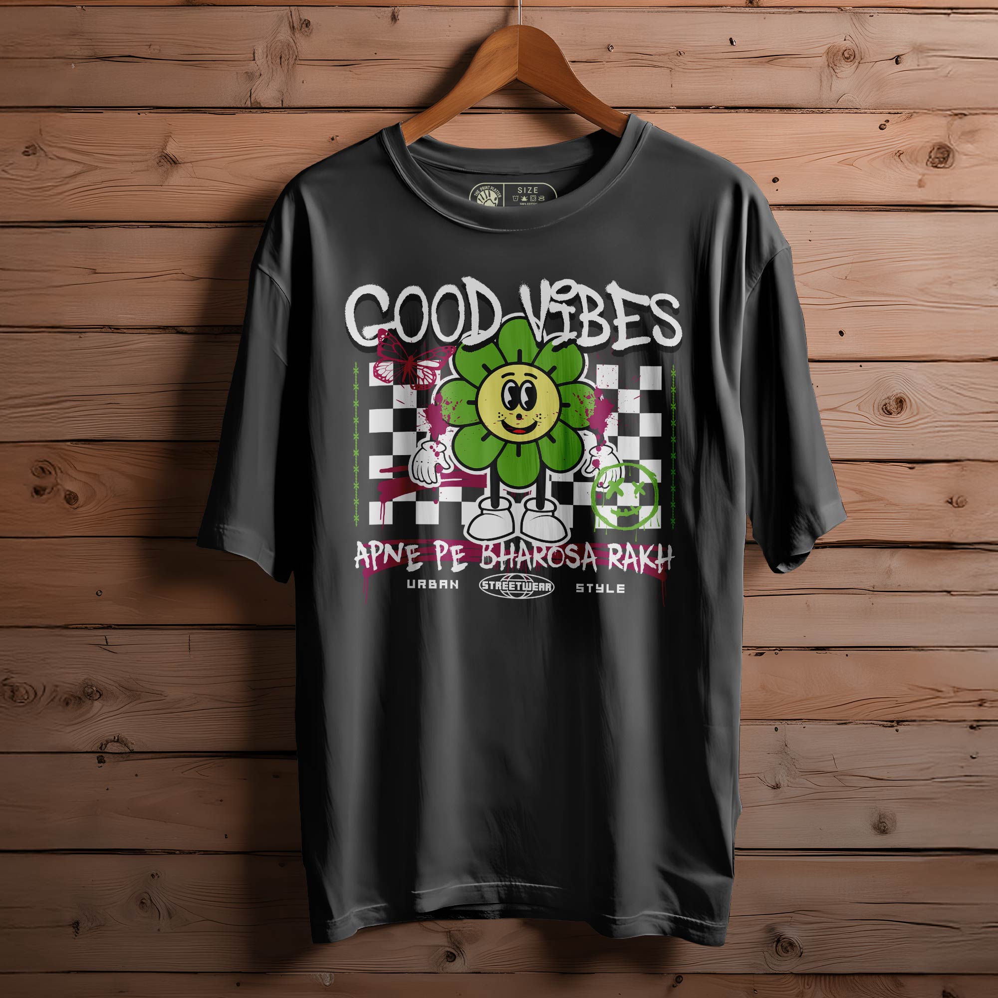 GOOD VIBES Oversized Black T-shirt Bio Wash| 42