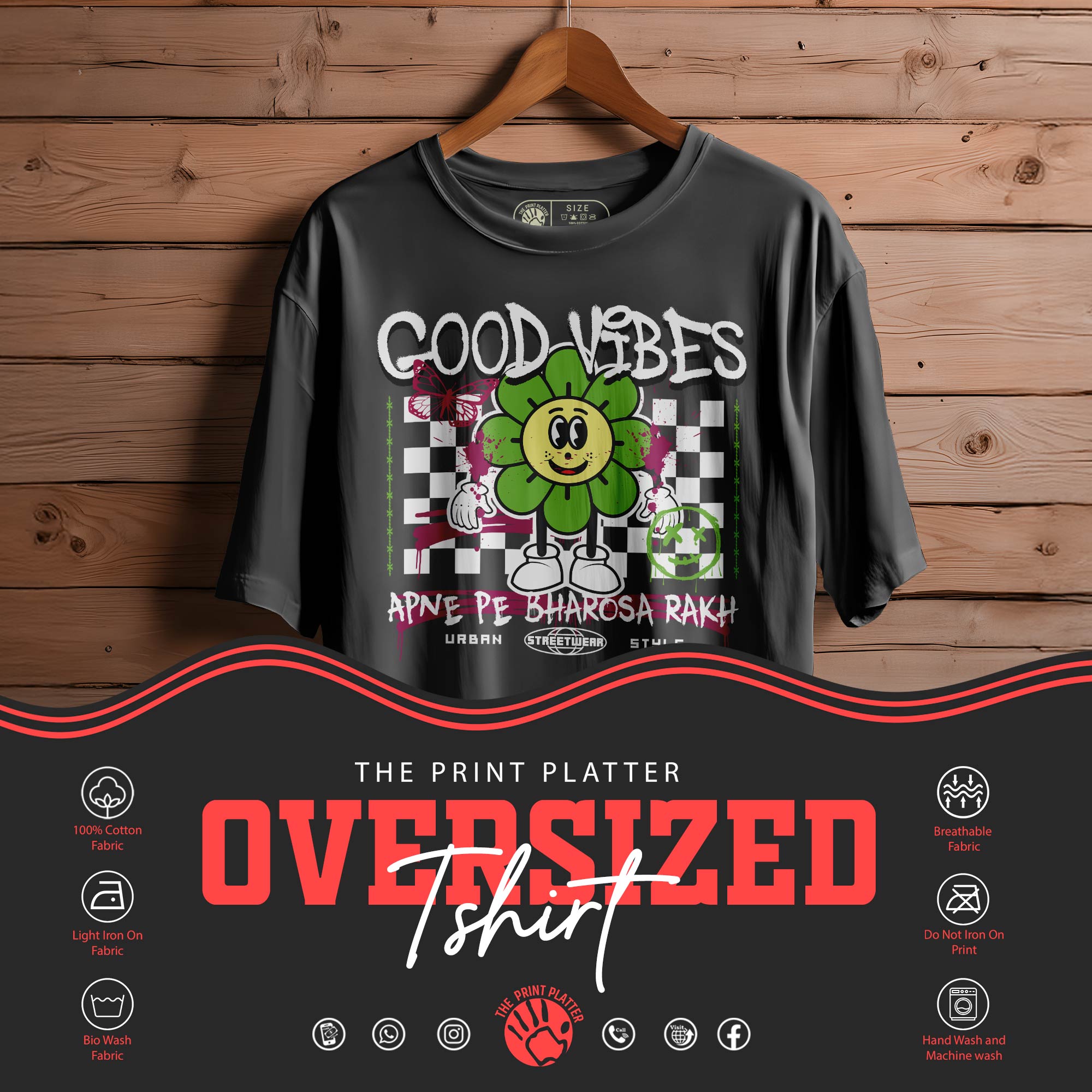 GOOD VIBES Oversized Black T-shirt Bio Wash| 42