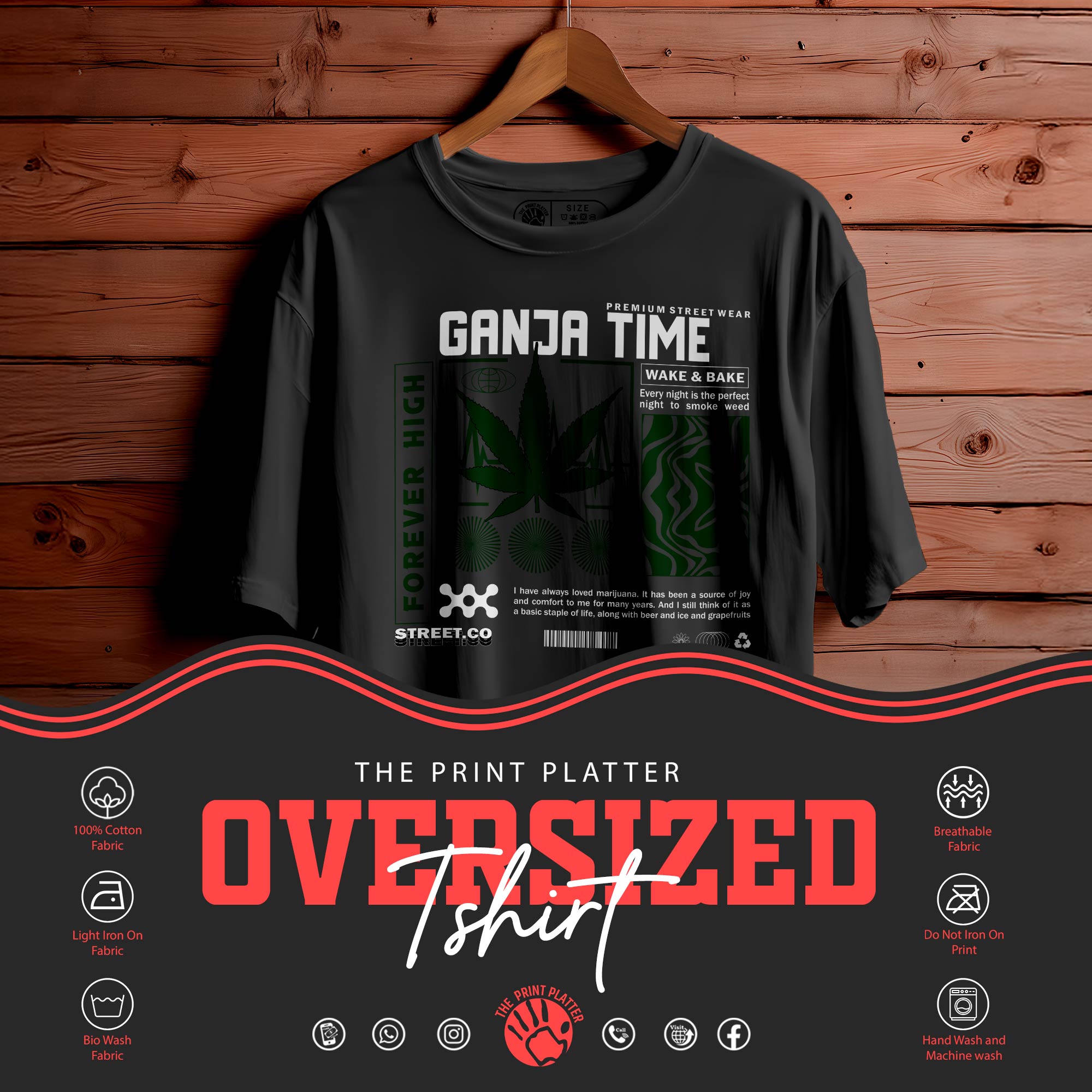 GANJA TIME Oversized Black T-shirt Bio Wash| 41