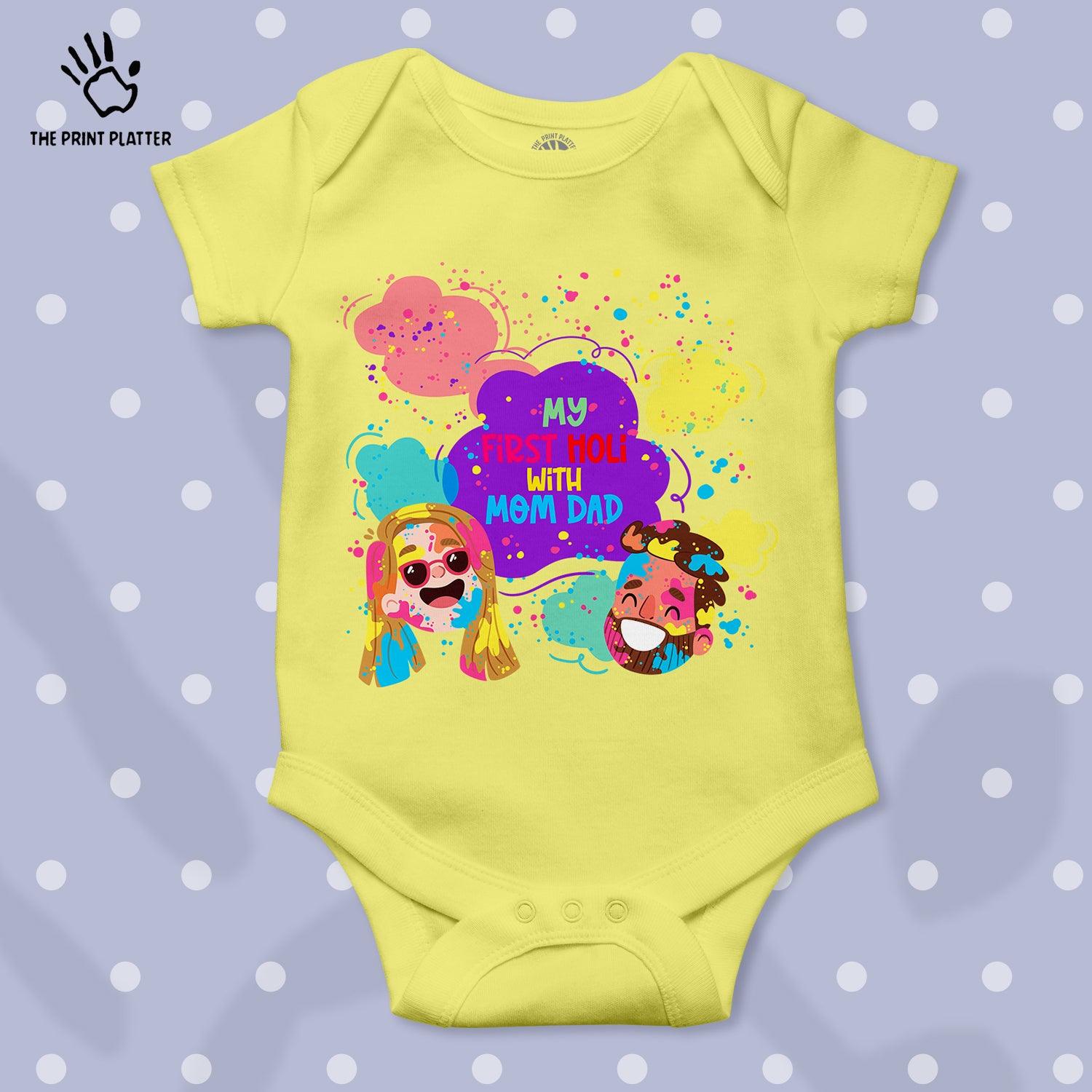 My First Holi With MOM DAD Chachi Unisex Half Sleeve Romper