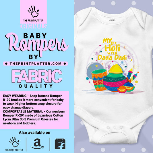 My 1st Holi With Dada Dadi Unisex Half Sleeve Romper