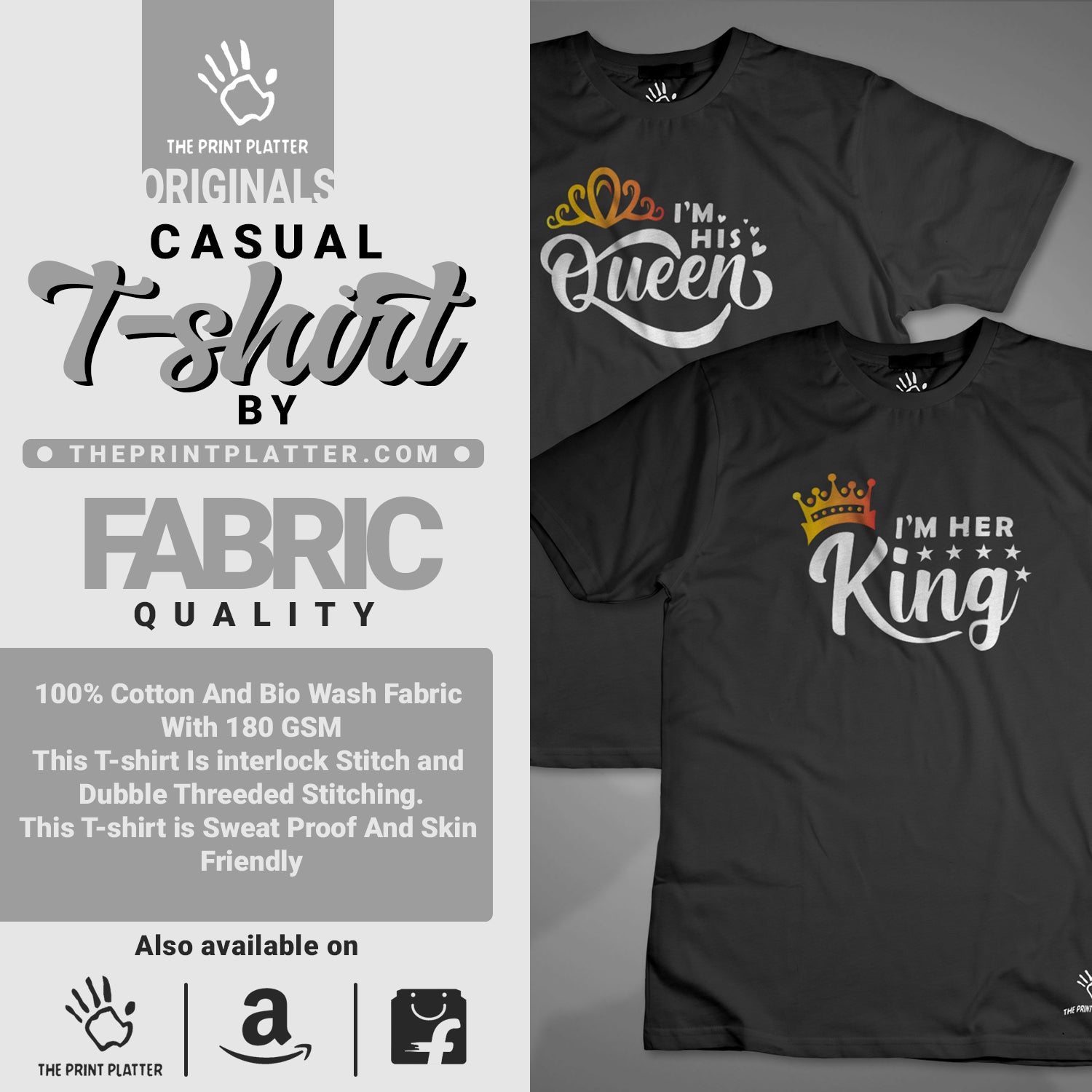 King & Queen Cotton Bio Wash 180gsm T-shirt | T29-IamHer&His....