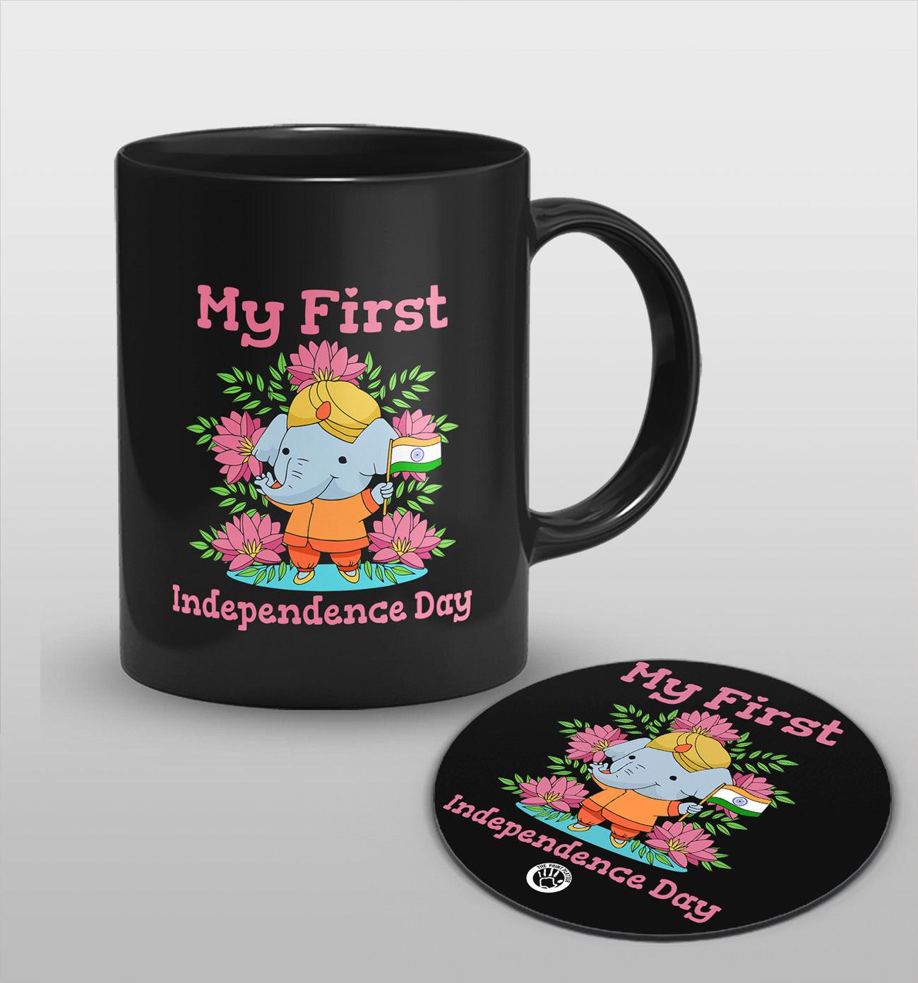 My First Indipendence Day Full Black cermic Coffee Mug With Tea Coster 330 ml, Microwave & Dishwasher Safe| TM-01