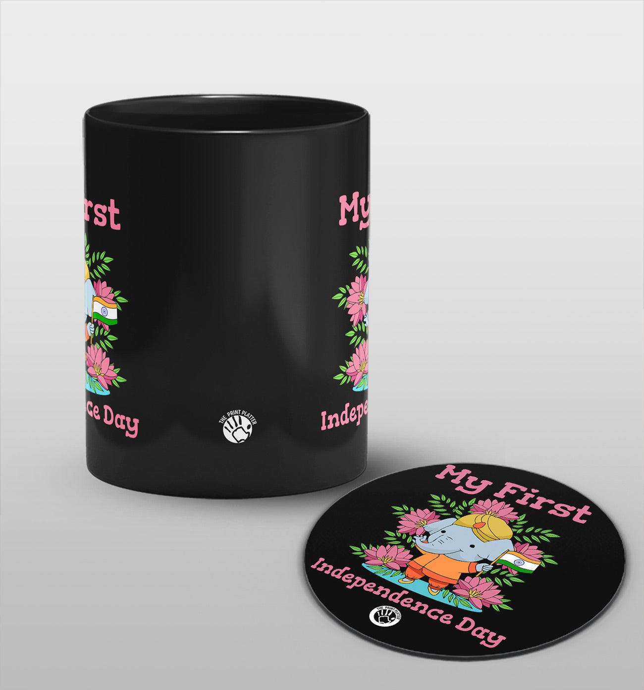 My First Indipendence Day Full Black cermic Coffee Mug With Tea Coster 330 ml, Microwave & Dishwasher Safe| TM-01