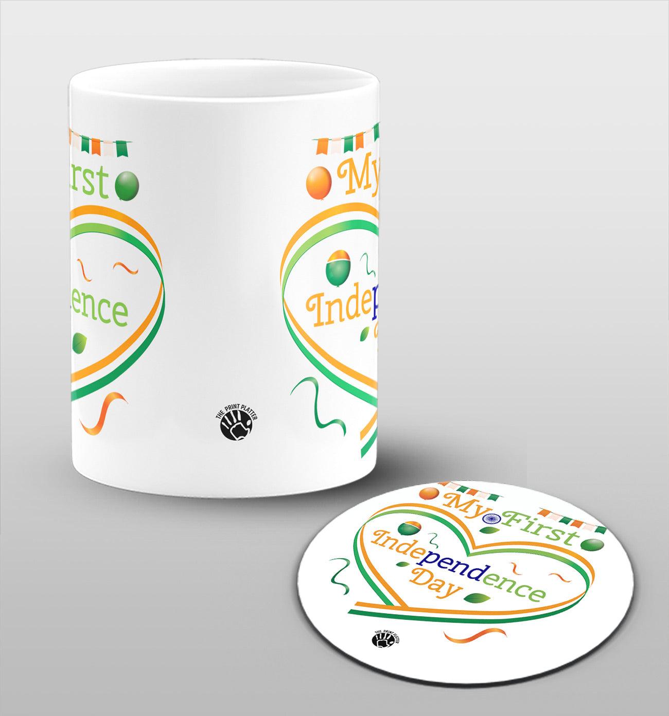 My First Indipendence Day White Cermic Coffee Mug With Tea Coster 330 ml, Microwave & Dishwasher Safe| TM-02
