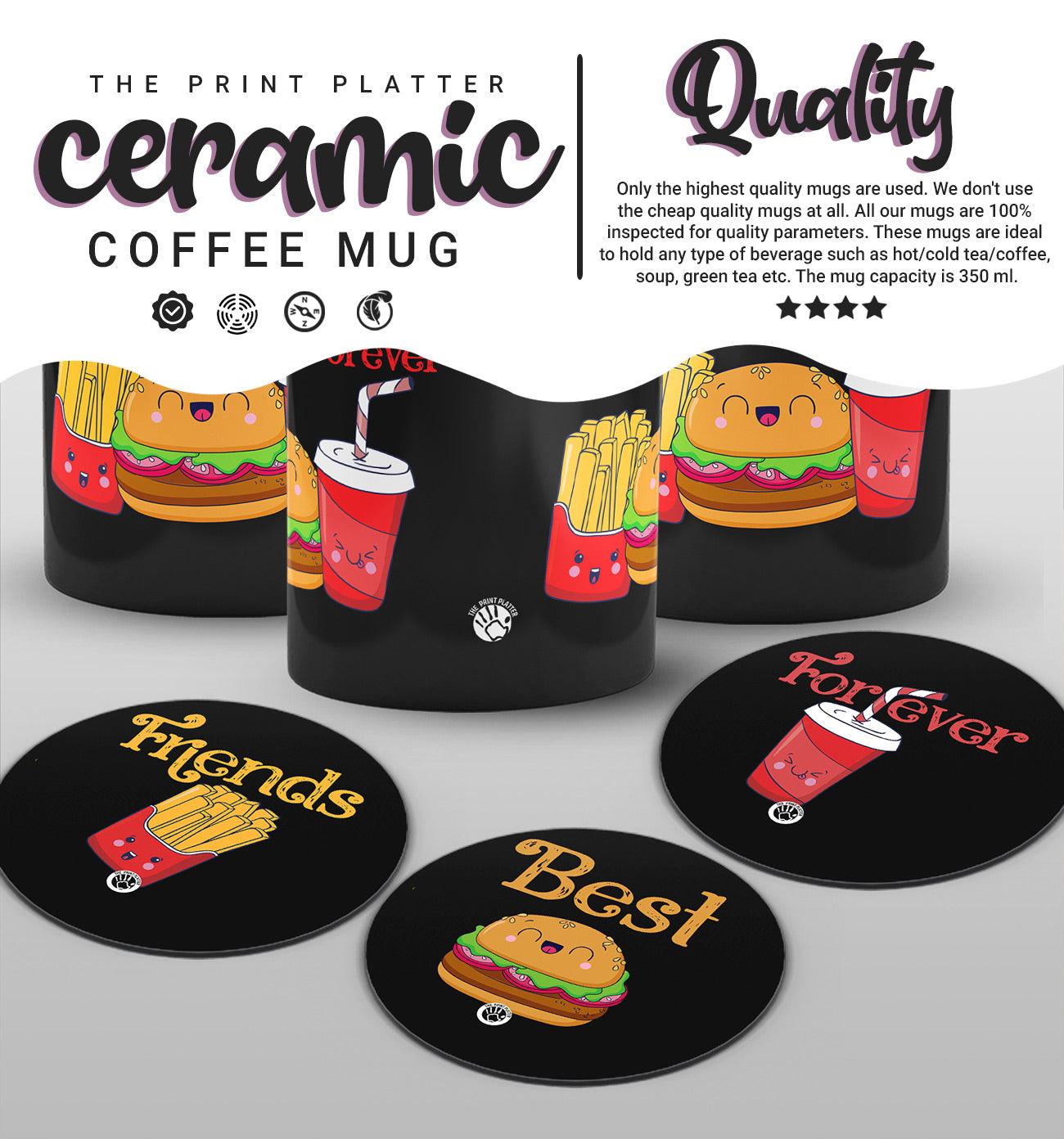 Best Friends Forever Full Black cermic Coffee Mug With Tea Coster 330 ml, Microwave & Dishwasher Safe Pack Of 3 | TM-05 Tripal