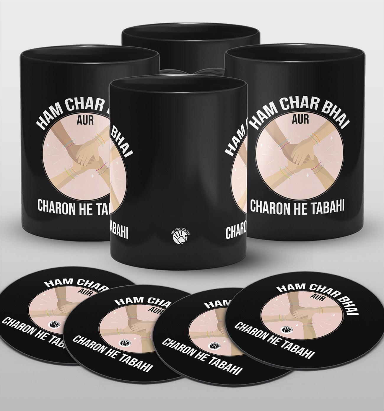 Hum Char Bhai aur Charon hi Tabahi Full Black Cermic Coffee Mug 330 ml, Microwave & Dishwasher Safe Packk Of 4 | CM-12