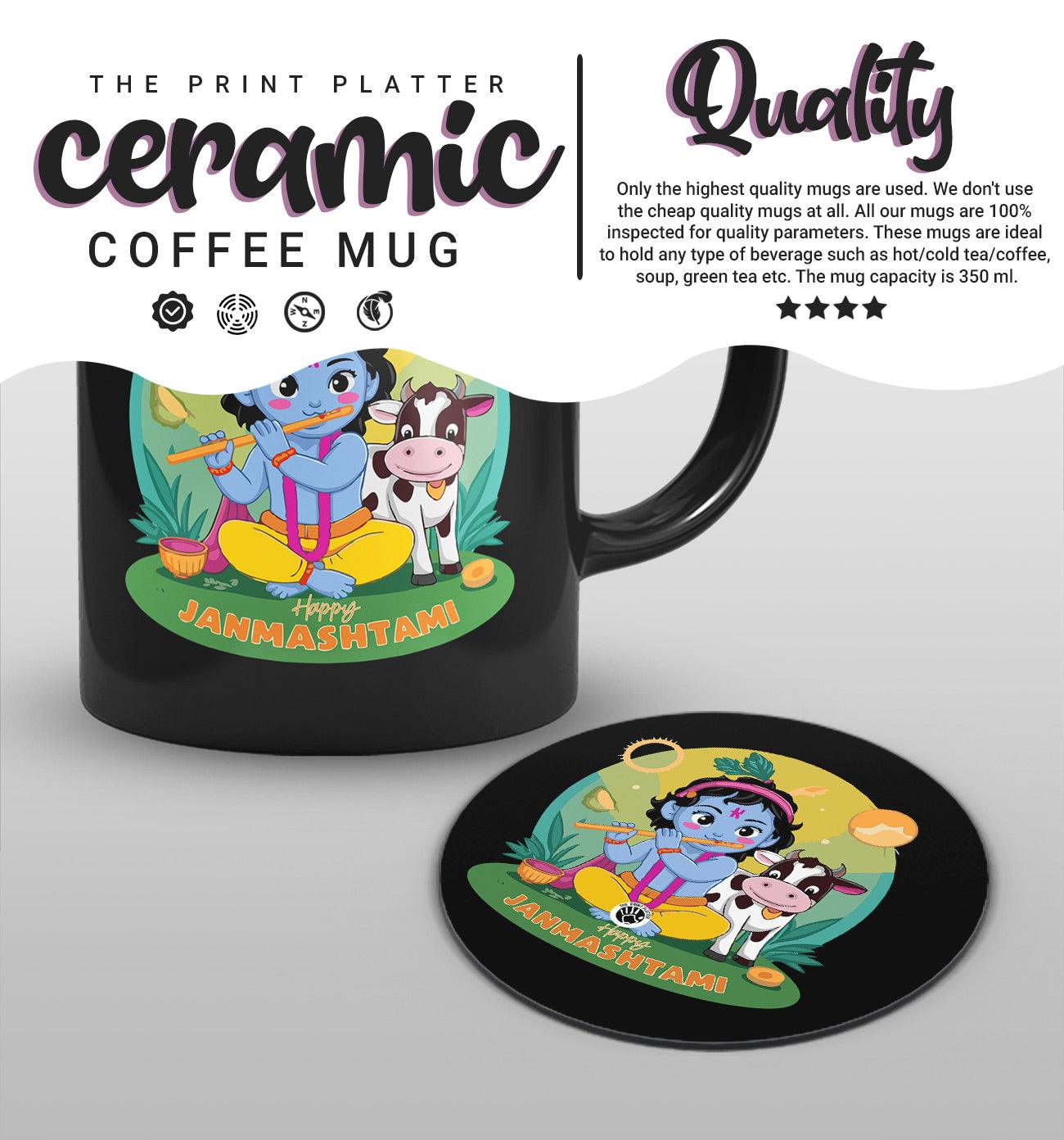 Happy Janmashtami Full black Cermic Coffee Mug With Tea Coster 330 ml, Microwave & Dishwasher Safe | TM-13