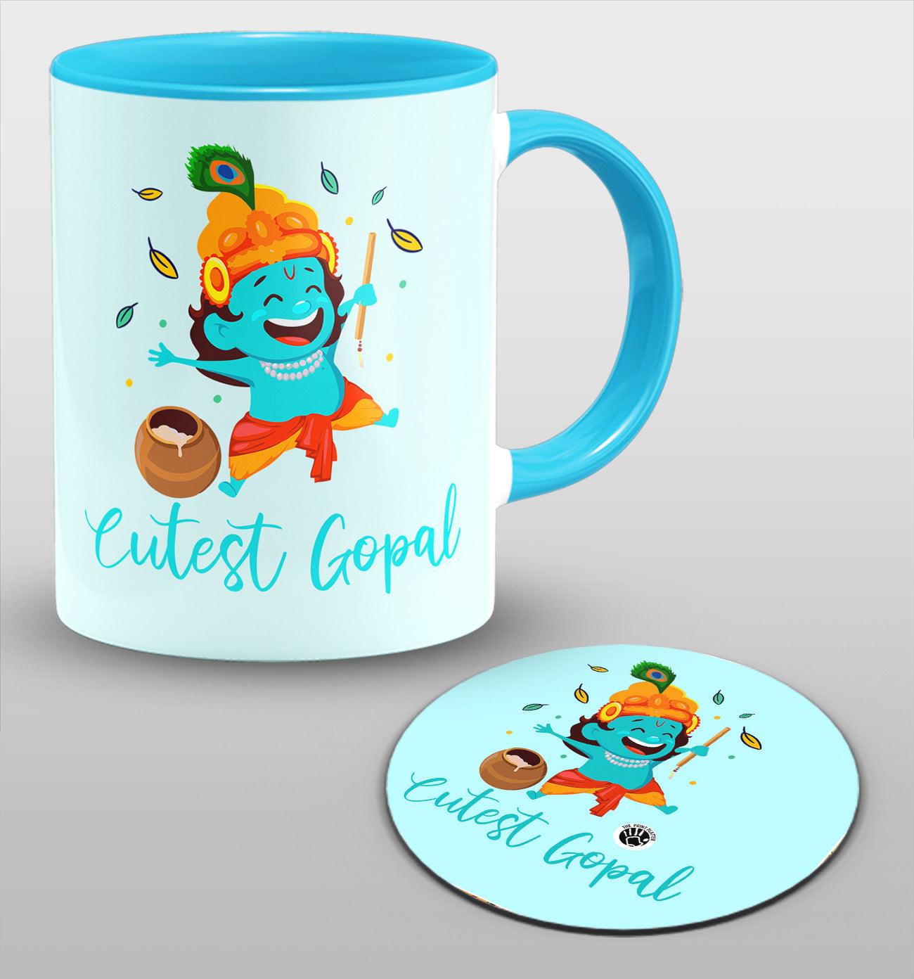 Cutest Gopal Inside Syk Blue Cermic Coffee Mug With Tea Coster 330 ml, Microwave & Dishwasher Safe | TM-16