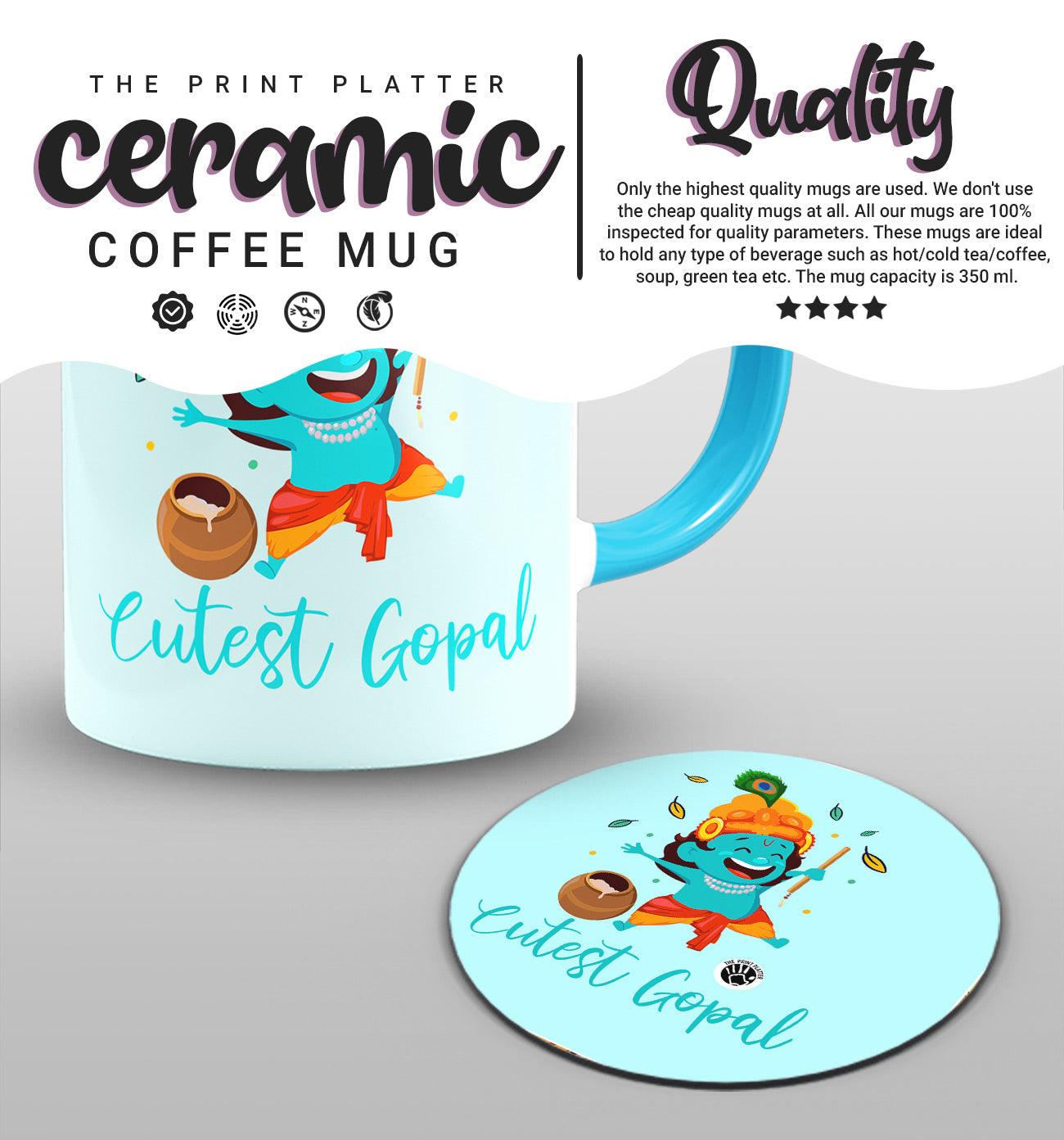 Cutest Gopal Inside Syk Blue Cermic Coffee Mug With Tea Coster 330 ml, Microwave & Dishwasher Safe | TM-16