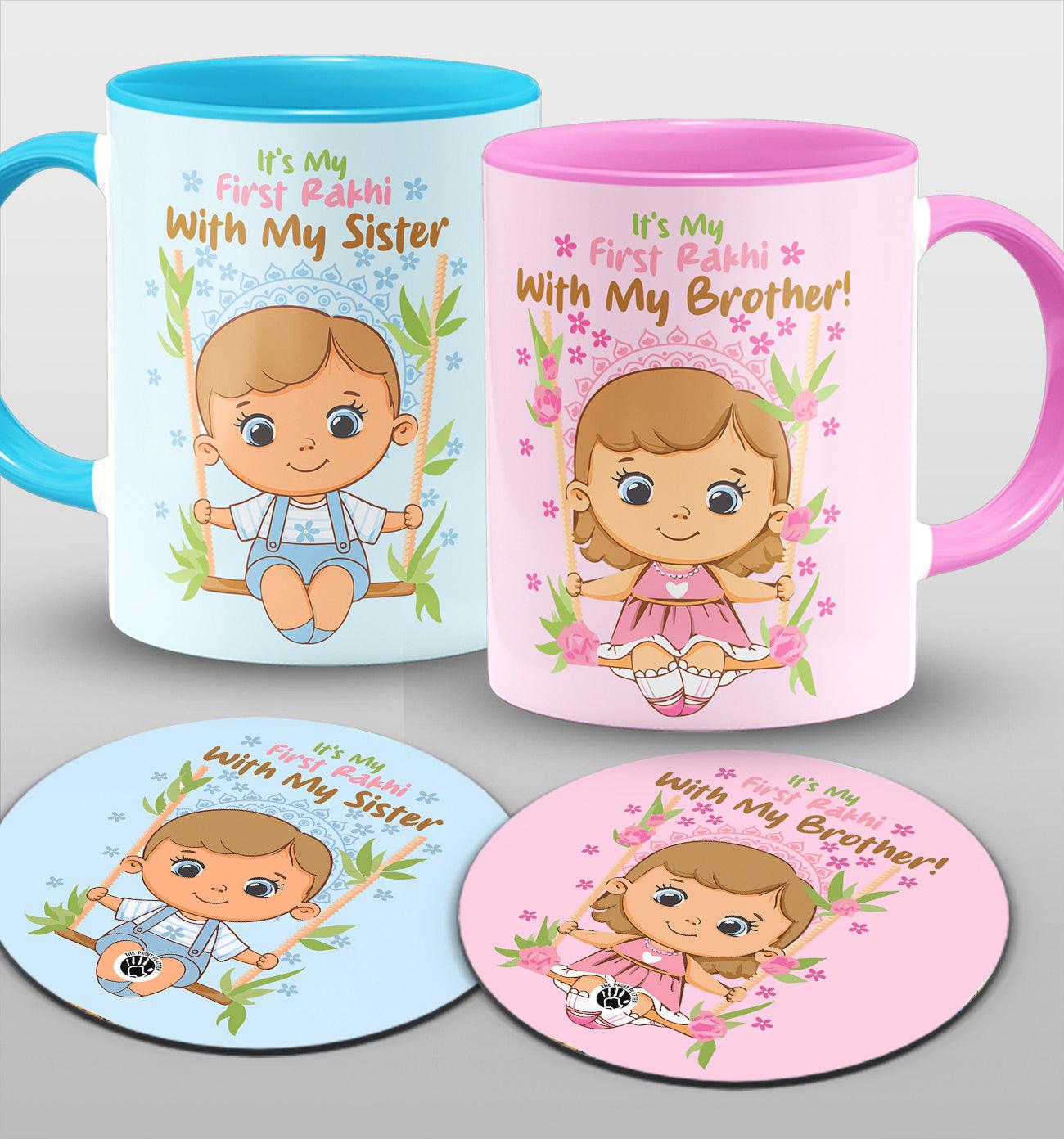 It's My First Rakhi With My Brother & Sister Inside Sky Blue & Pink Cermic Coffee Mug With Tea Coster 330 ml, Microwave & Dishwasher Safe Pack Of 2 | TM-18