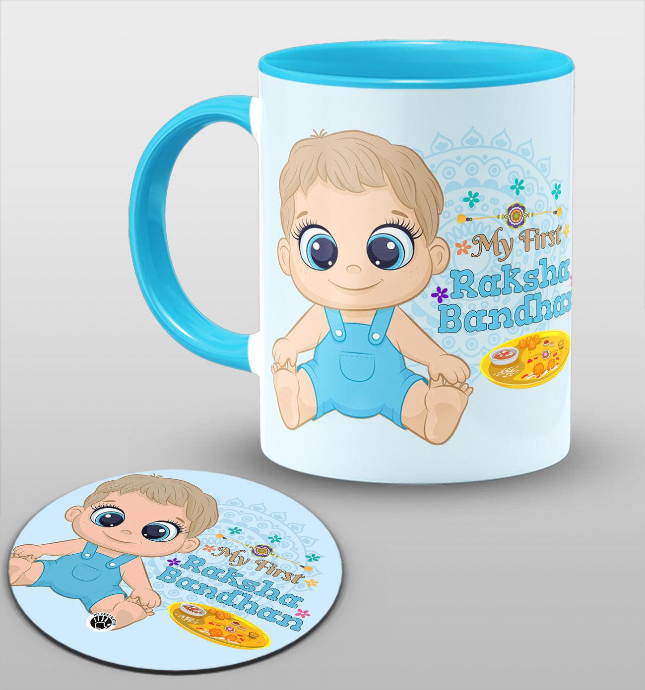 My First Raksha Bandhan Inside Sky Blue Cermic Coffee Mug With Tea Coster 330 ml, Microwave & Dishwasher Safe | TM-19