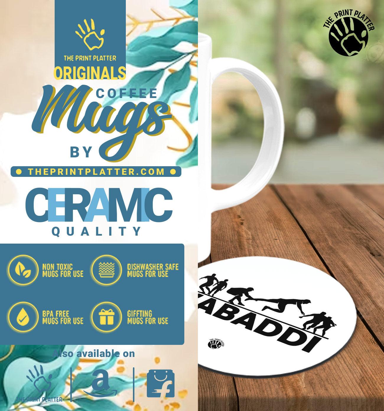 Kabaddi White Cermic Coffee Mug With Tea Coster 330 ml, Microwave & Dishwasher Safe| TM-R145
