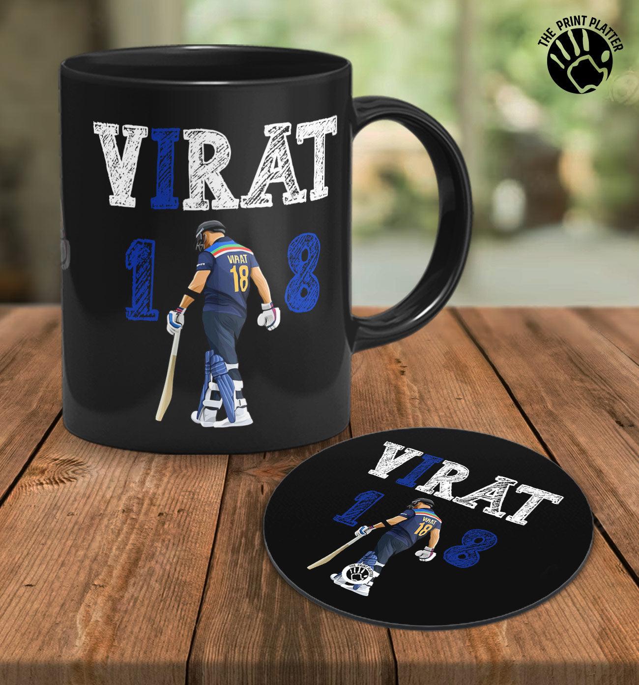 King Kohli Full Black Cermic Coffee Mug With Tea Coster 330 ml, Microwave & Dishwasher Safe| TM-R187