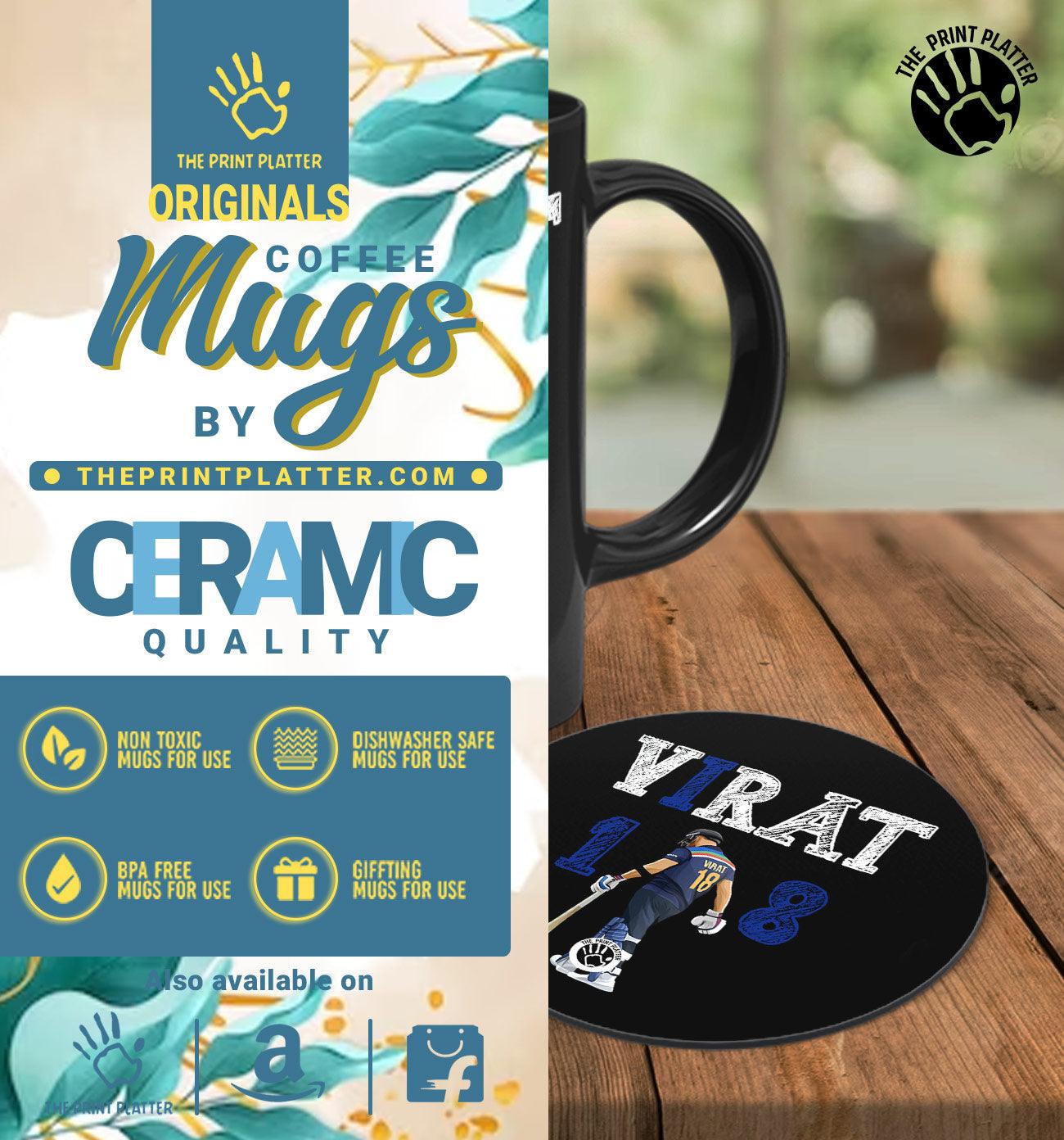 King Kohli Full Black Cermic Coffee Mug With Tea Coster 330 ml, Microwave & Dishwasher Safe| TM-R187