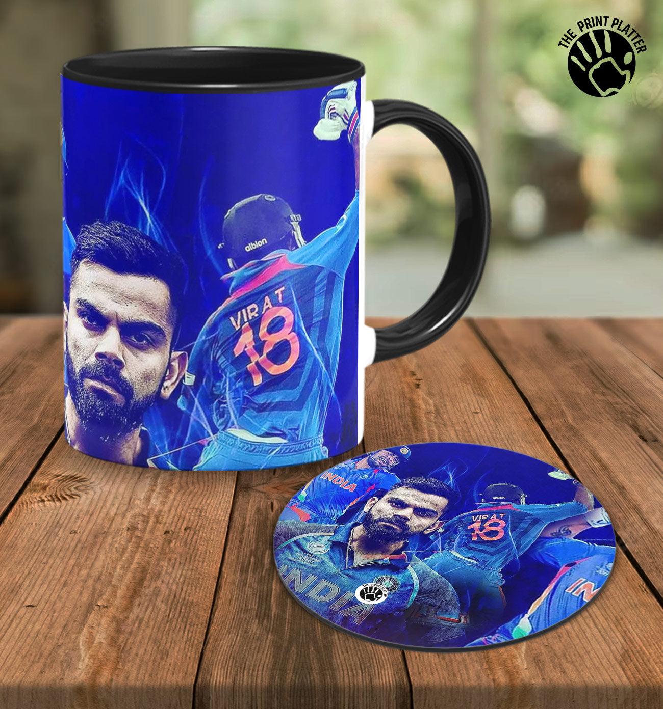 King Kohli Inside Black Cermic Coffee Mug With Tea Coster 330 ml, Microwave & Dishwasher Safe| TM-R188
