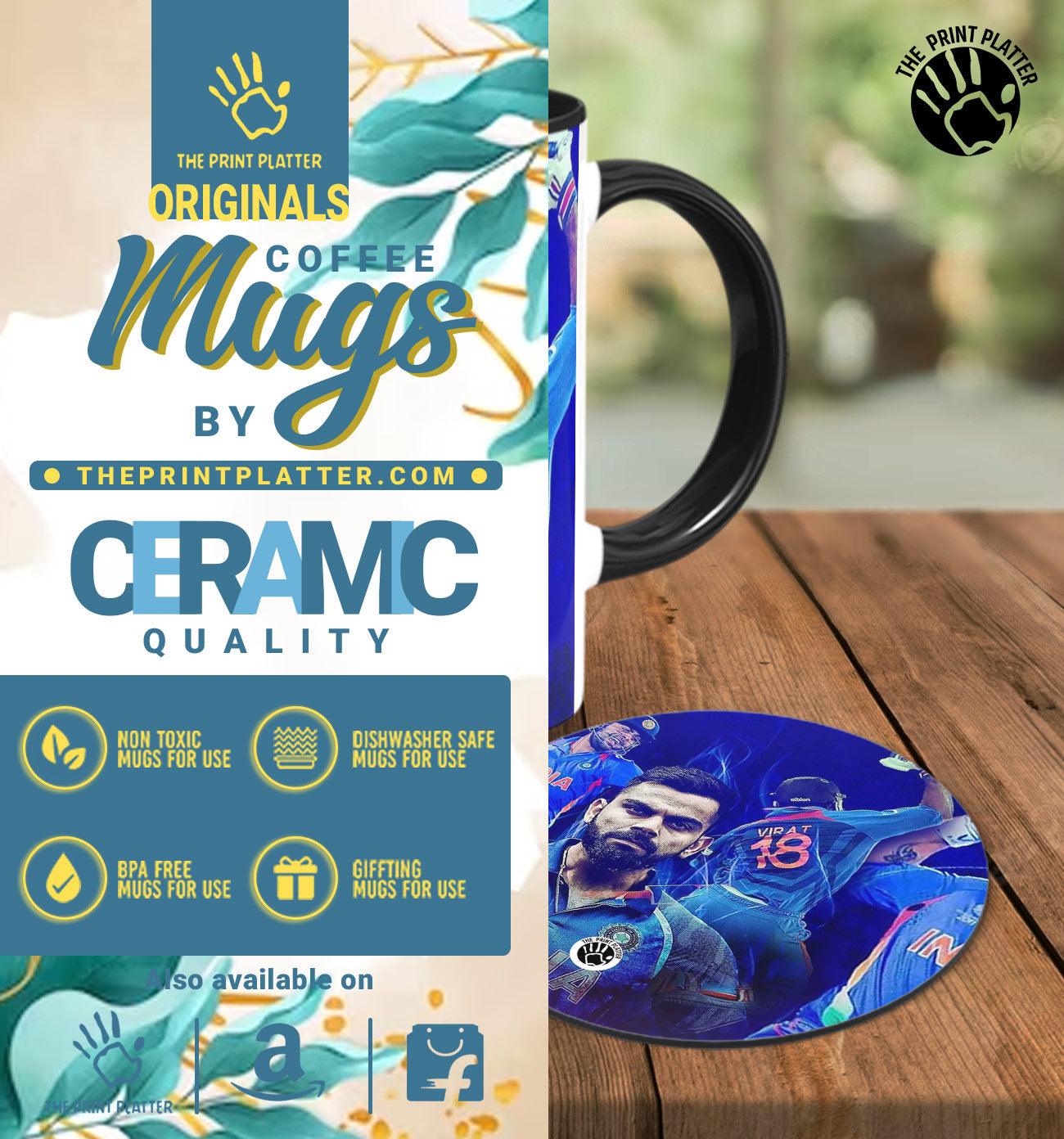 King Kohli Inside Black Cermic Coffee Mug With Tea Coster 330 ml, Microwave & Dishwasher Safe| TM-R188