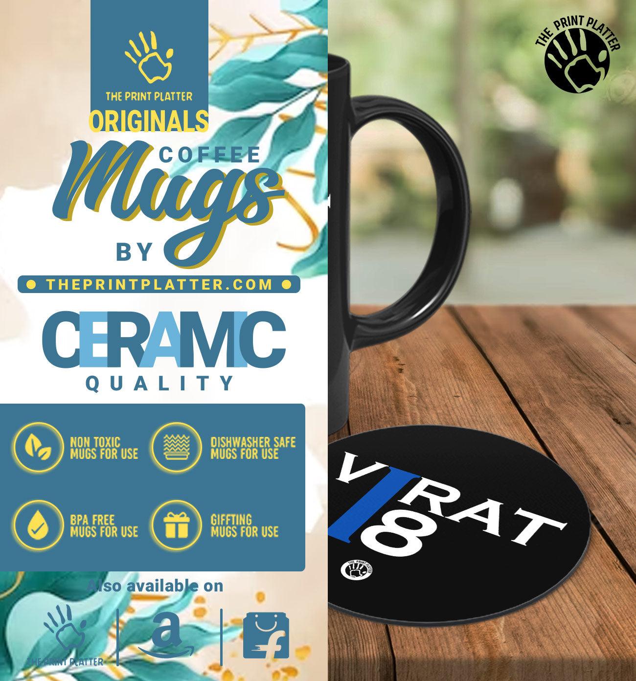 King Kohli Full Black Cermic Coffee Mug With Tea Coster 330 ml, Microwave & Dishwasher Safe| TM-R189