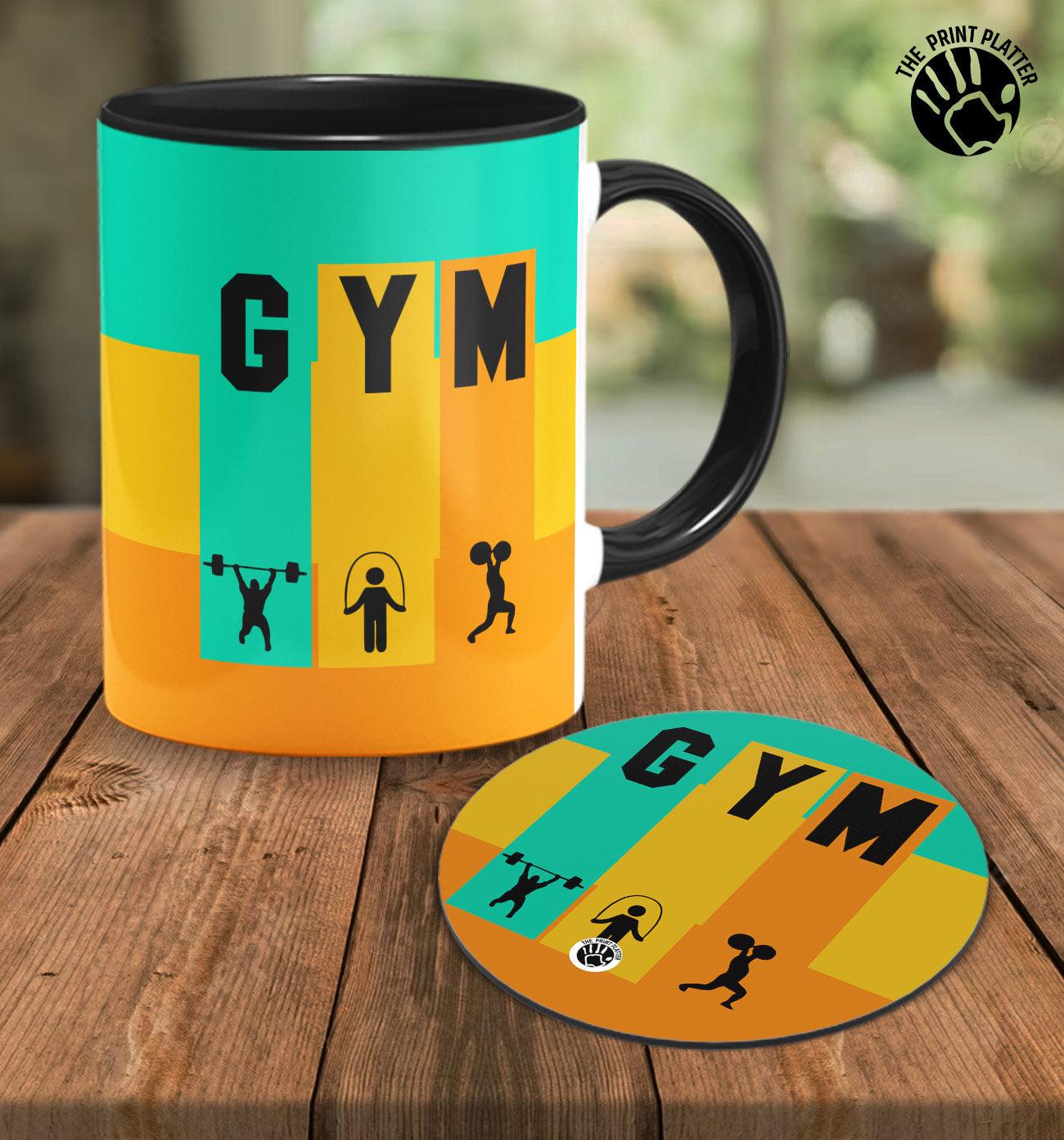 GYM Inside Black Cermic Coffee Mug With Tea Coster 330 ml, Microwave & Dishwasher Safe| TM-R32