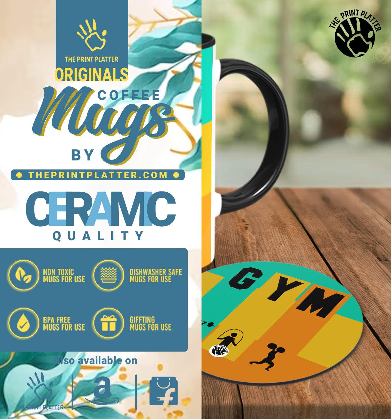 GYM Inside Black Cermic Coffee Mug With Tea Coster 330 ml, Microwave & Dishwasher Safe| TM-R32