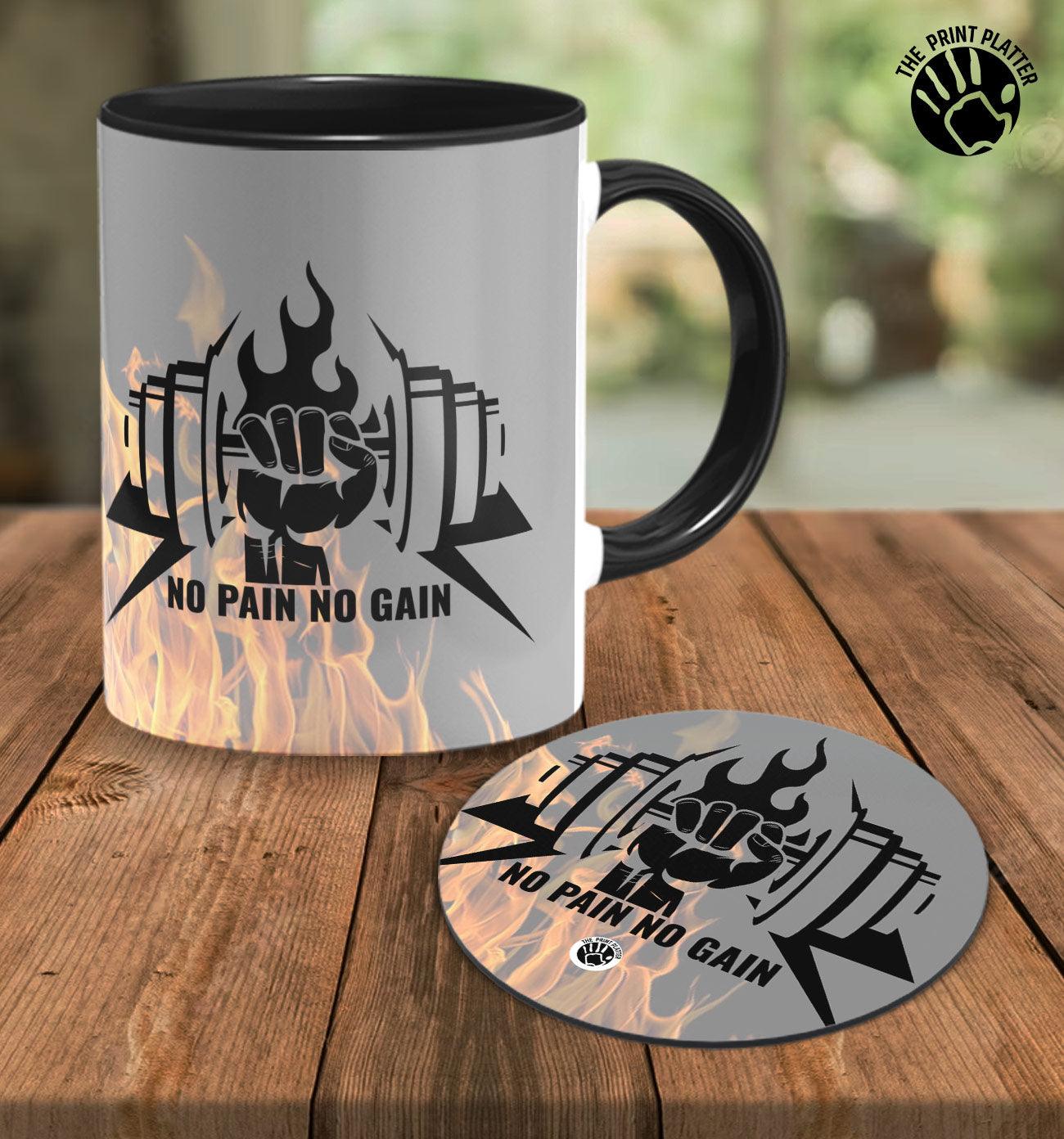 No Gain No Pain Inside Black Cermic Coffee Mug With Tea Coster 330 ml, Microwave & Dishwasher Safe| TM-R36