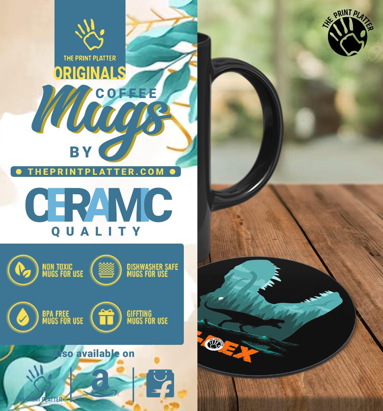 T-Rex Jurassic Park Full Black cermic Coffee Mug With Tea Coster 330 ml, Microwave & Dishwasher Safe| TM-R55