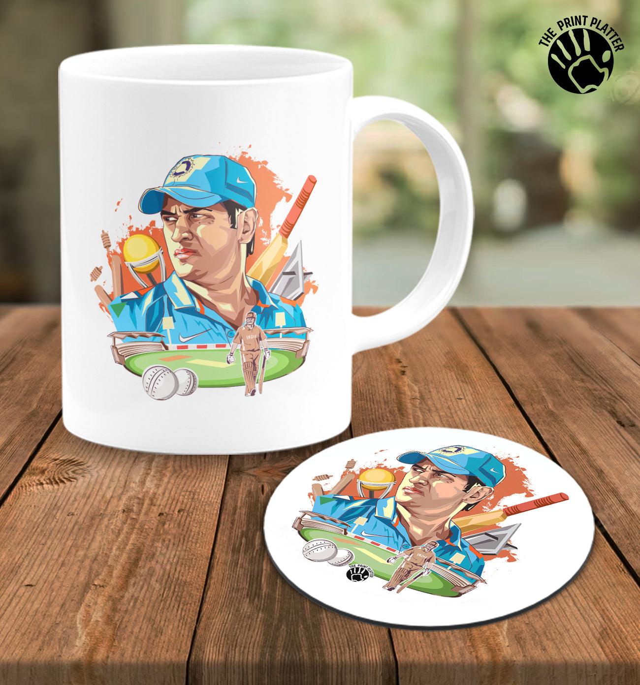 MS Dhoni White Cermic Coffee Mug With Tea Coster 330 ml, Microwave & Dishwasher Safe| TM-R73
