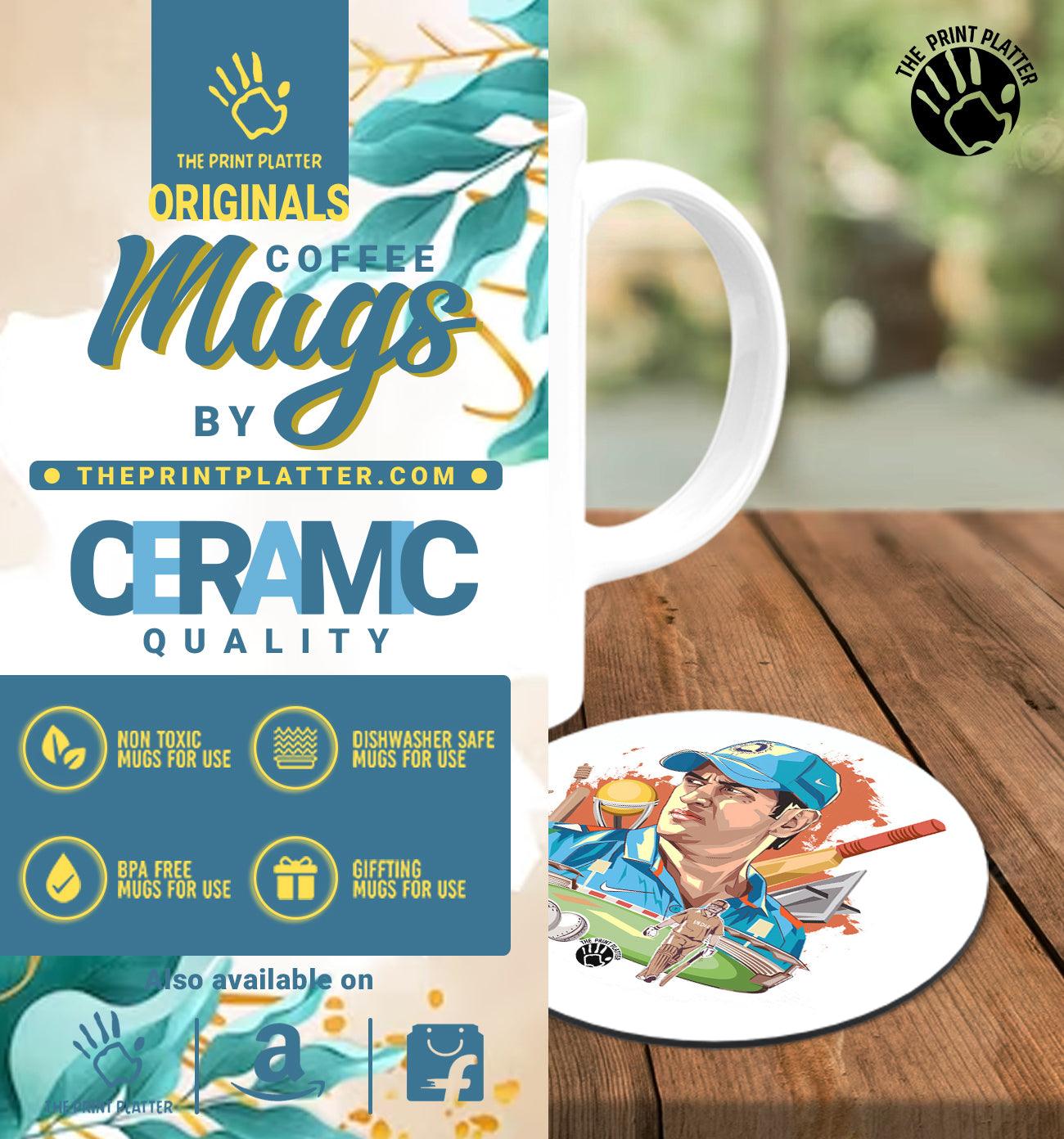 MS Dhoni White Cermic Coffee Mug With Tea Coster 330 ml, Microwave & Dishwasher Safe| TM-R73