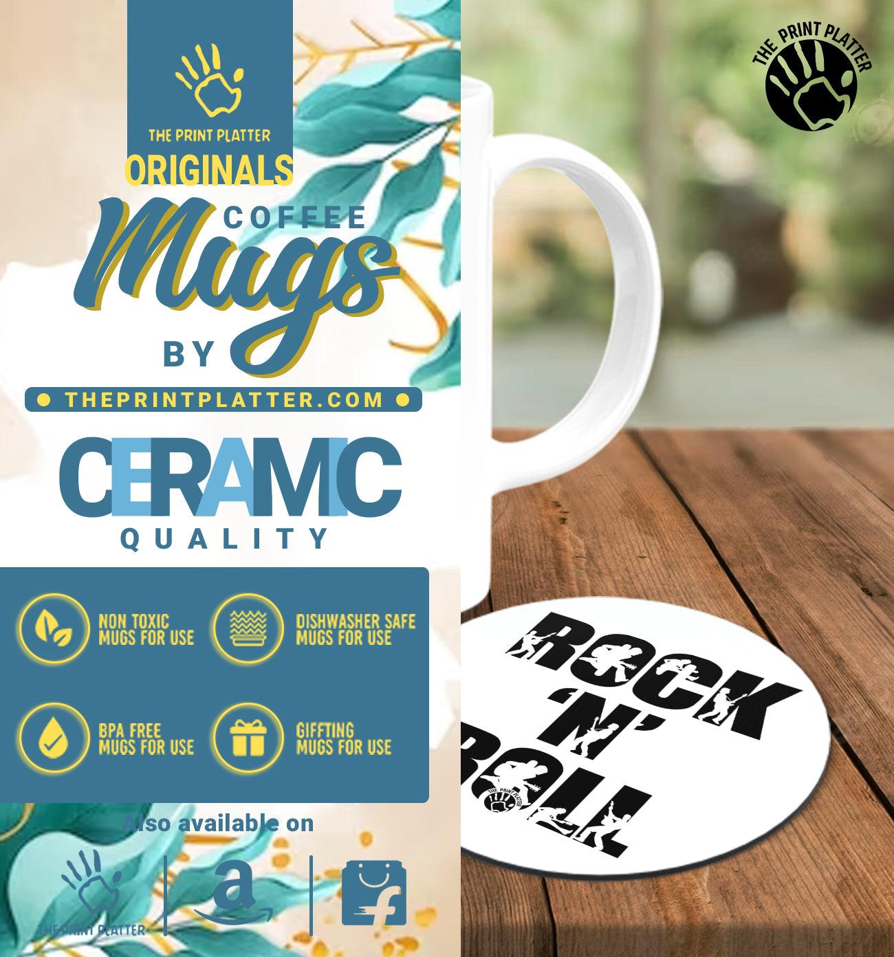 Rock 'N' Roll White Cermic Coffee Mug With Tea Coster 330 ml, Microwave & Dishwasher Safe| TM-R89