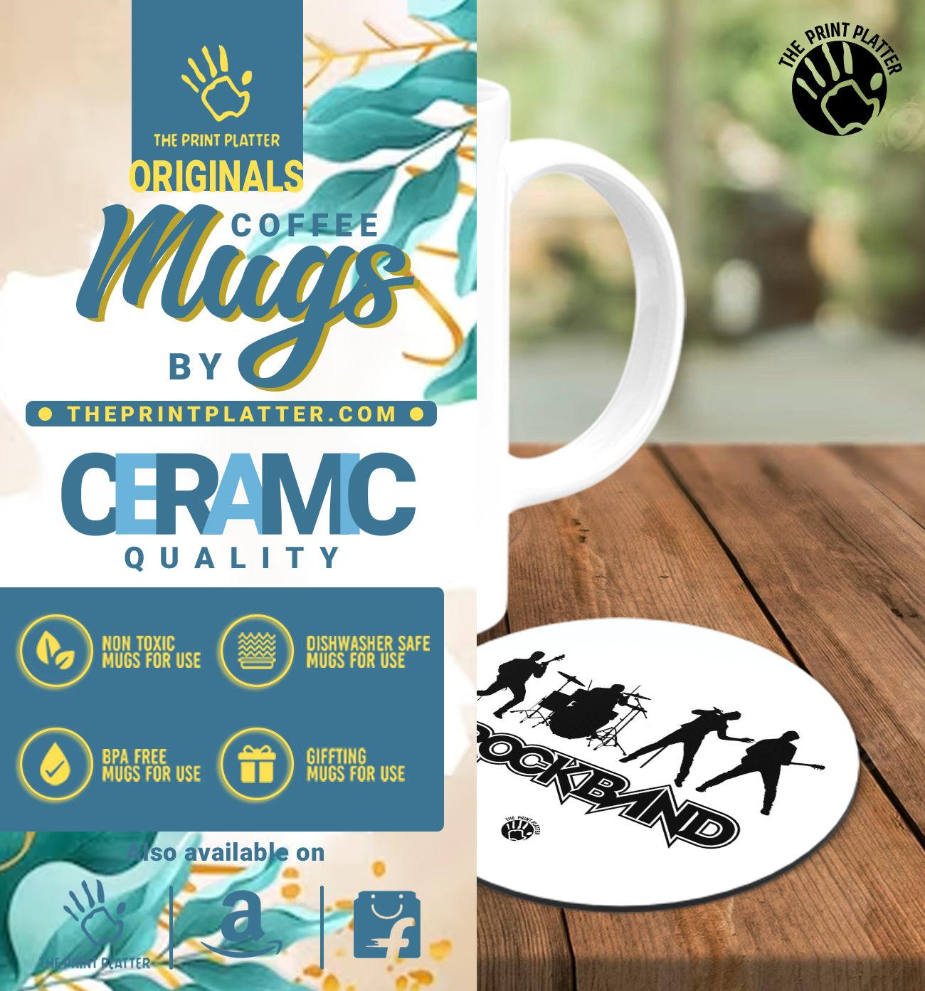 Rock Band White Cermic Coffee Mug With Tea Coster 330 ml, Microwave & Dishwasher Safe| TM-R90