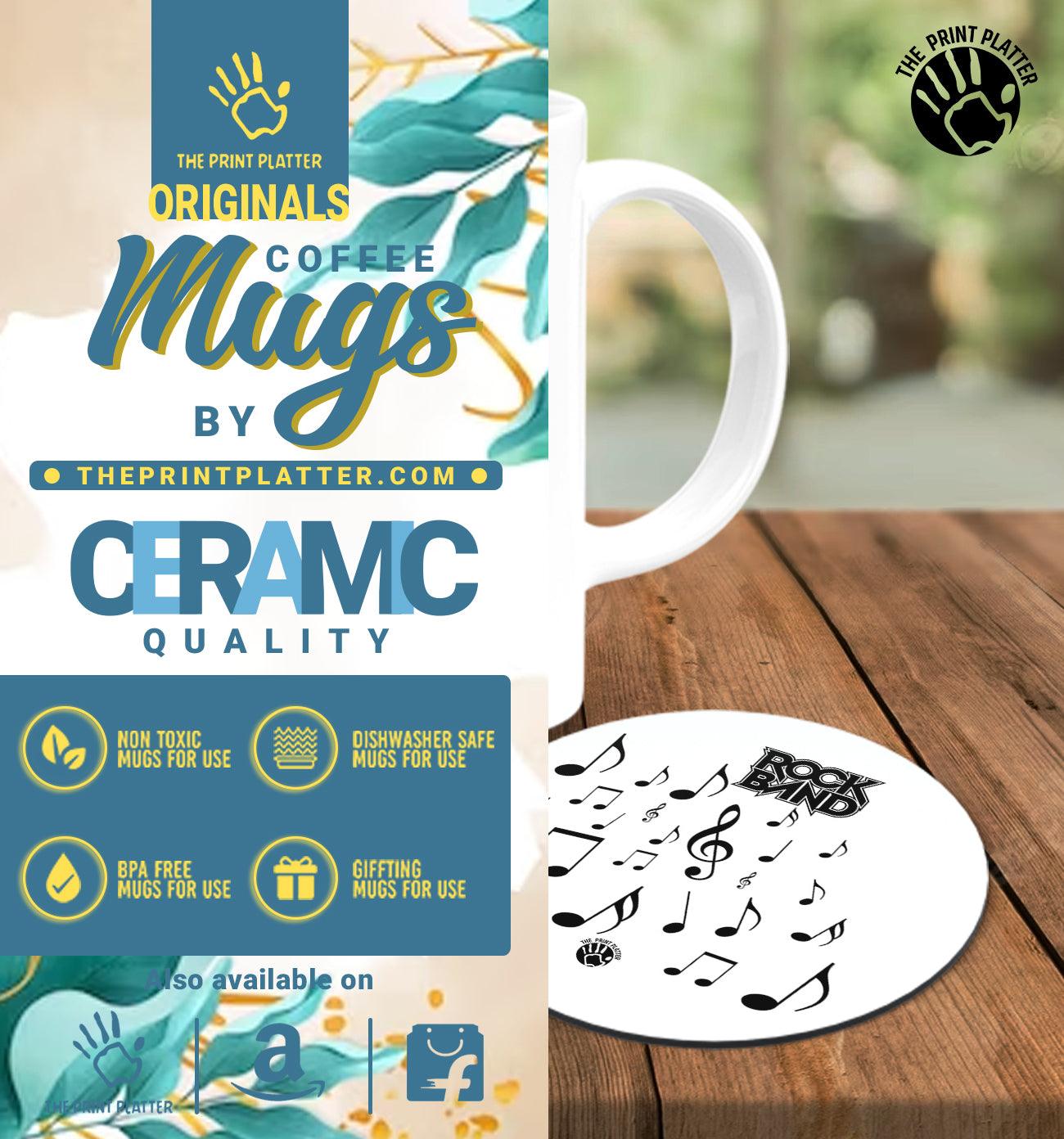 Rock Band White Cermic Coffee Mug With Tea Coster 330 ml, Microwave & Dishwasher Safe| TM-R91