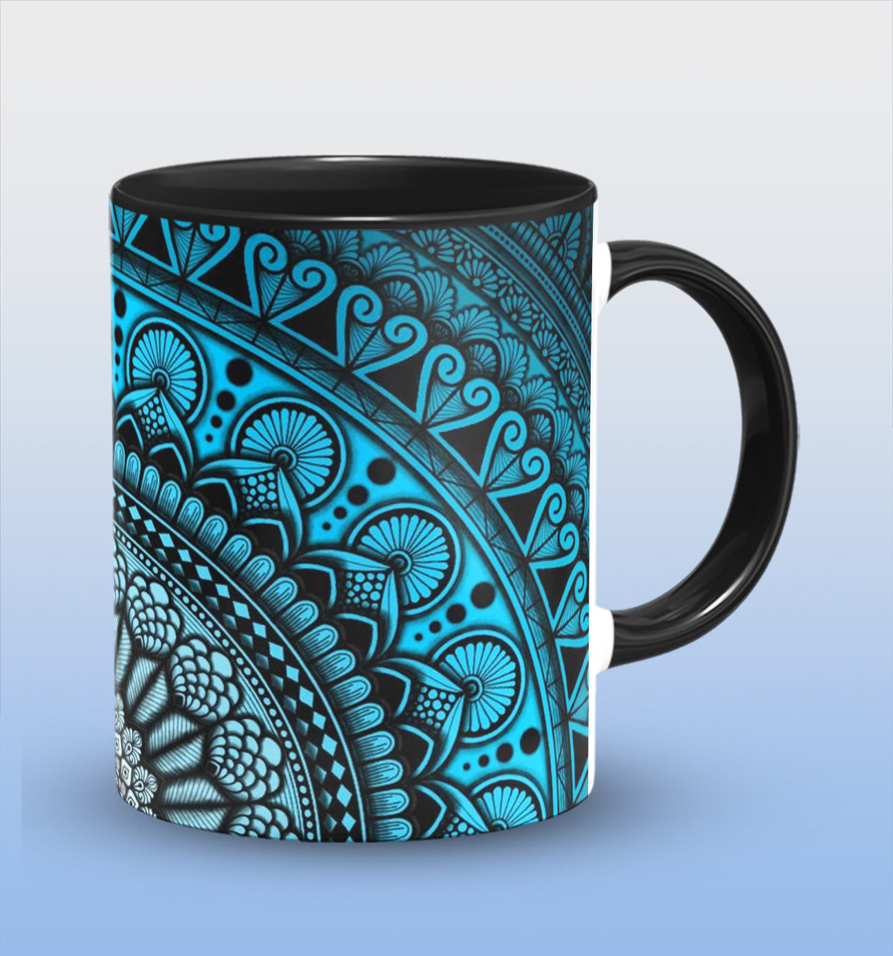 Blue Mandala Inside Black Ceramic Coffee Mug 330 ml, Microwave & Dishwasher Safe| CM-05