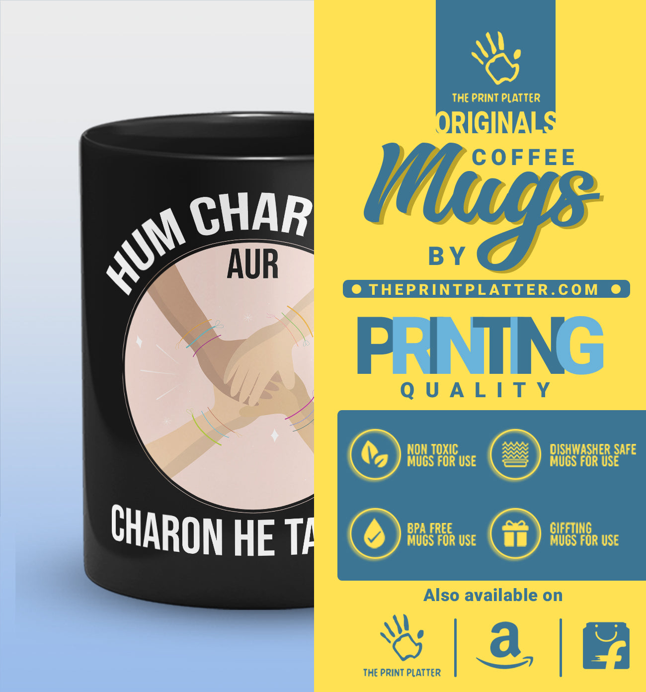 Hum Char Bhai aur Charon hi Tabahi Full Black Cermic Coffee Mug 330 ml, Microwave & Dishwasher Safe| CM-12