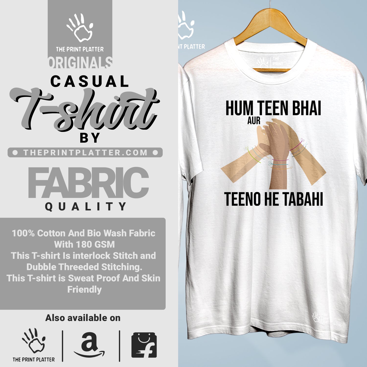 Hum Teen Bhai Aur Teeno He Tabahi  Cotton Bio Wash 180gsm T-shirt | Combo-FriendshipDay-16-HTB