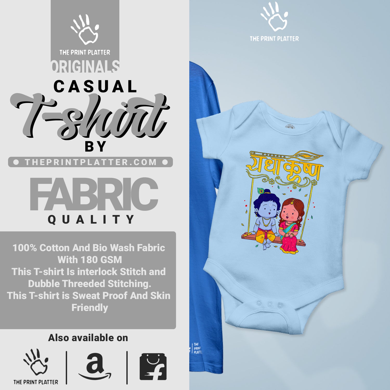 Radha Krishna Unisex Cotton Bio Wash 180gsm T-shirt + Half Sleeve Romper Combo | Combo-Janmashtami-1