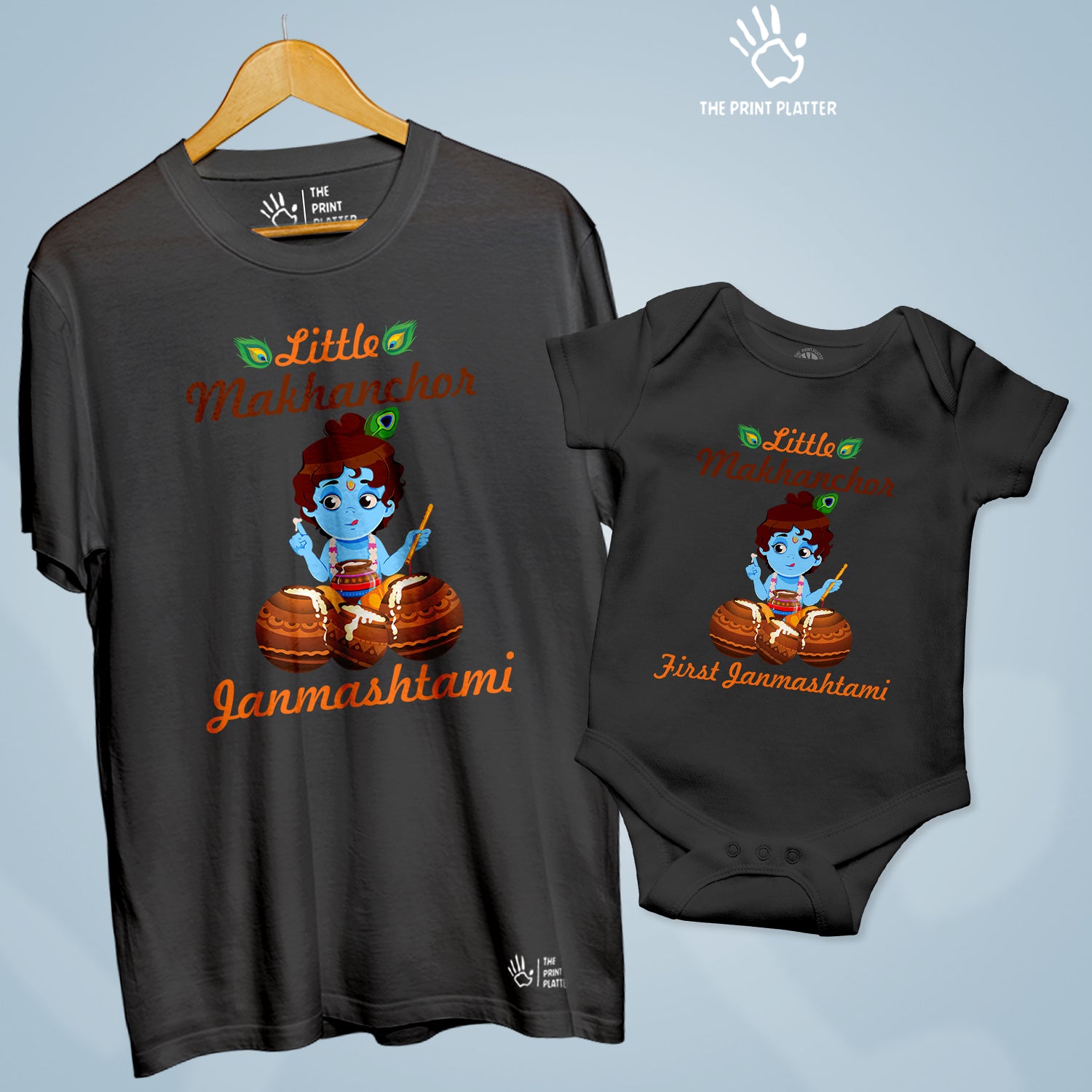 Little Makhanchor Krishna Janmashtami Unisex Cotton Bio Wash 180gsm T-shirt + Half Sleeve Romper Combo | Combo-Janmashtami-11