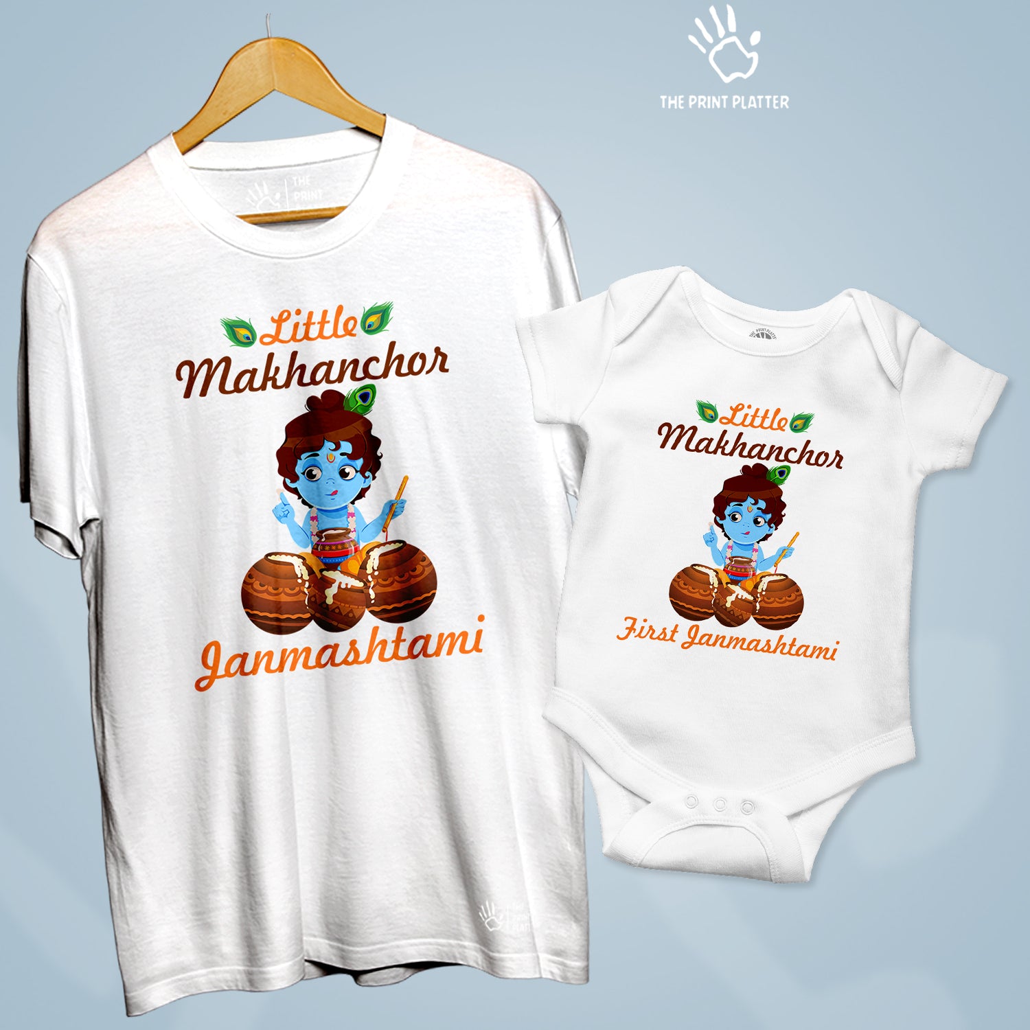 Little Makhanchor Krishna Janmashtami Unisex Cotton Bio Wash 180gsm T-shirt + Half Sleeve Romper Combo | Combo-Janmashtami-11